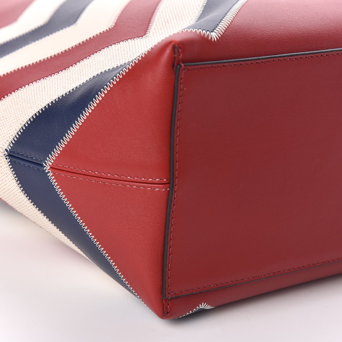 Calfskin Canvas Chevron Inlay Rockstud Shoulder Tote Red White Blue