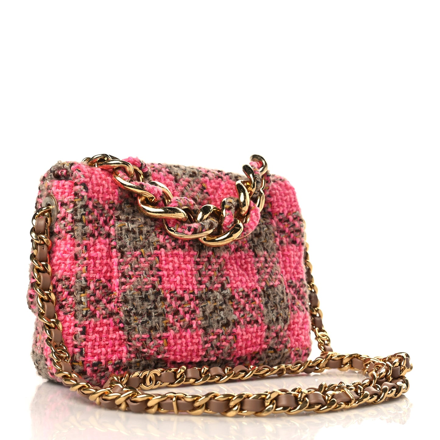 Wool Tweed Quilted Small Elegant Chain Flap Pink Brown