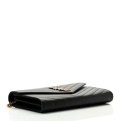 Saint Laurent Grain De Poudre Matelasse Chevron Monogram Chain Wallet Black 4 of 11
