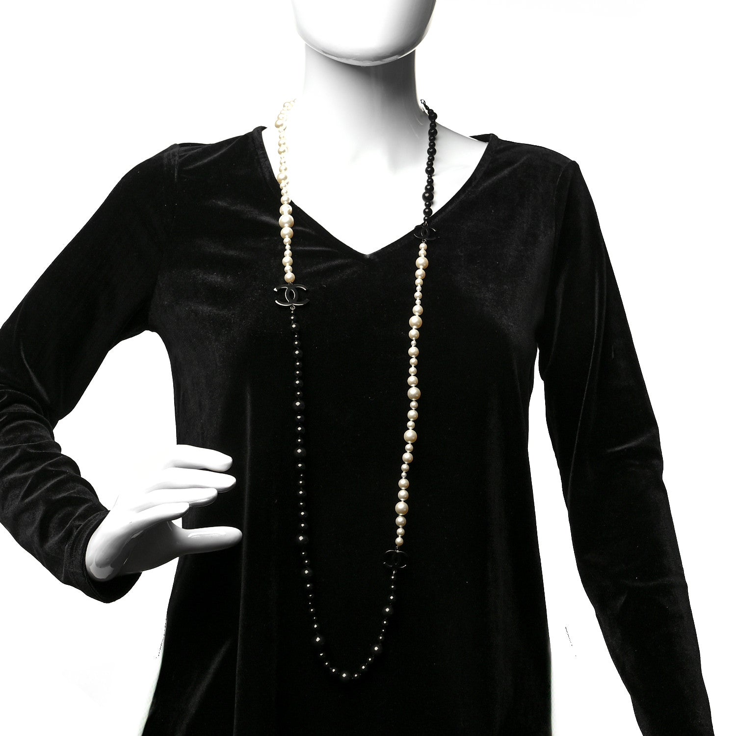 Chanel Pearl Beaded CC Long Necklace Black White 2 of 5