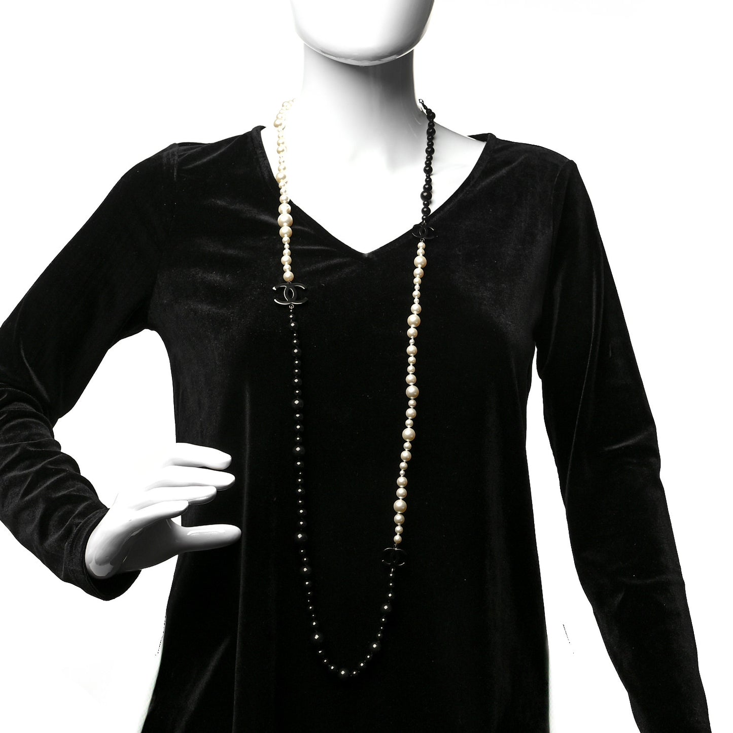 Pearl Beaded CC Long Necklace Black White