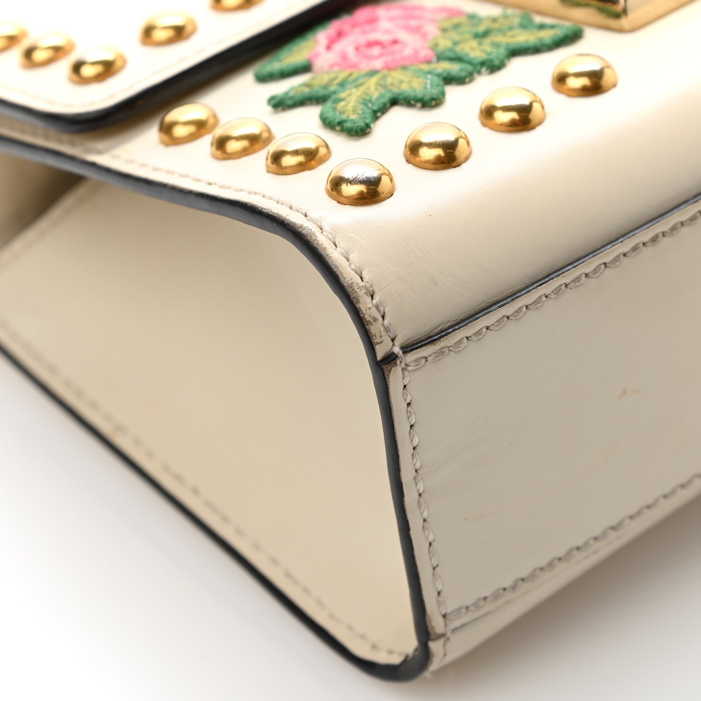Calfskin Floral Embroidered Small Padlock Shoulder Bag White