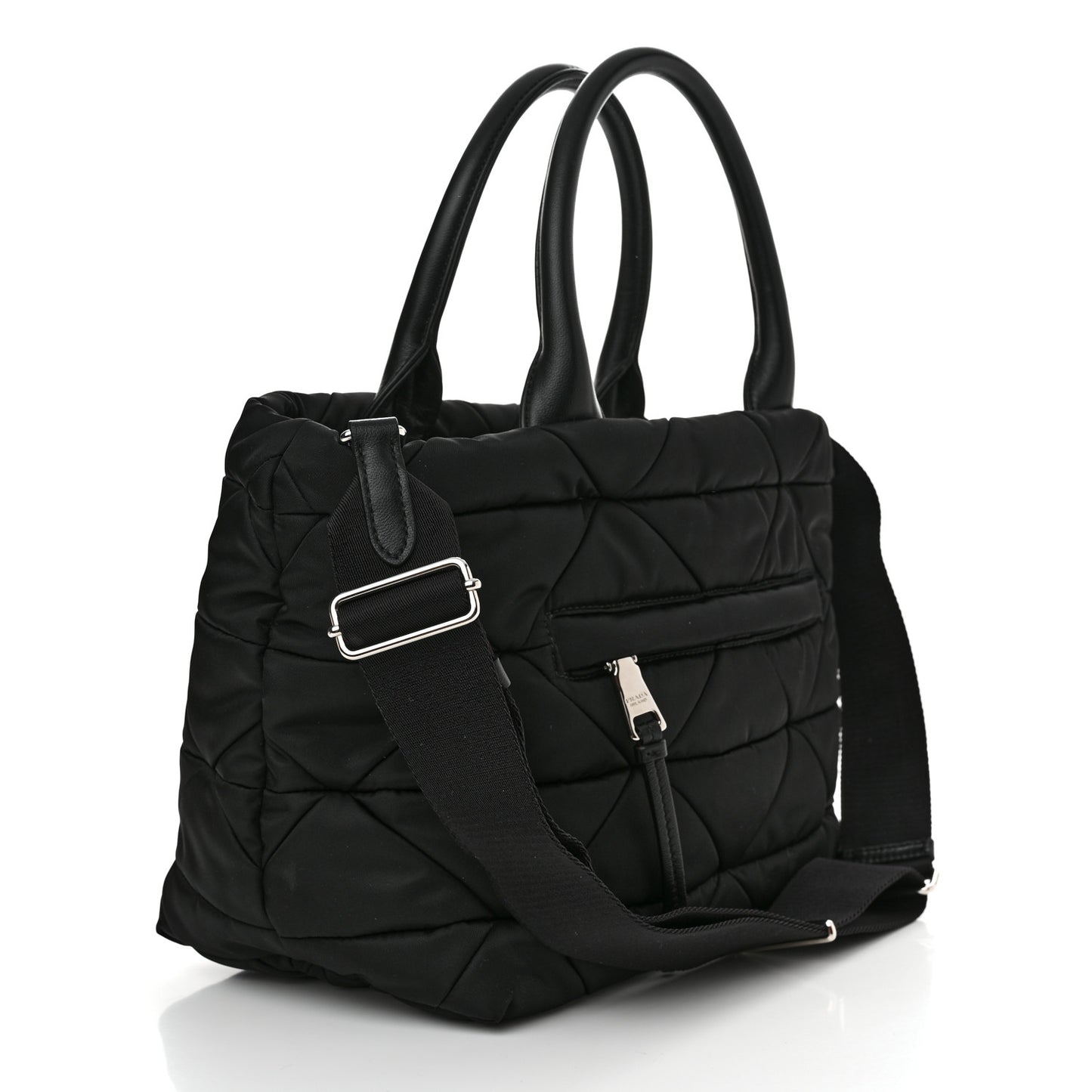 Re-Nylon Nappa Triangle Quilted Padded Small Double Handled Zip Tote Black