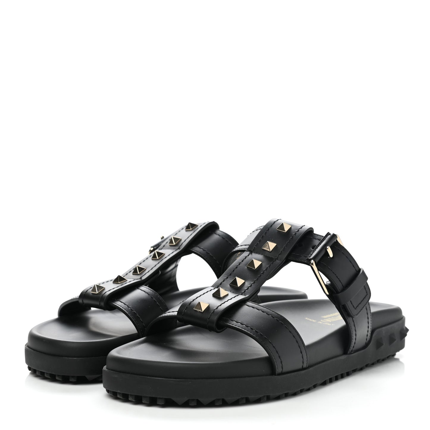 Calfskin Rockstud Buckled Slide Sandals 39 Black