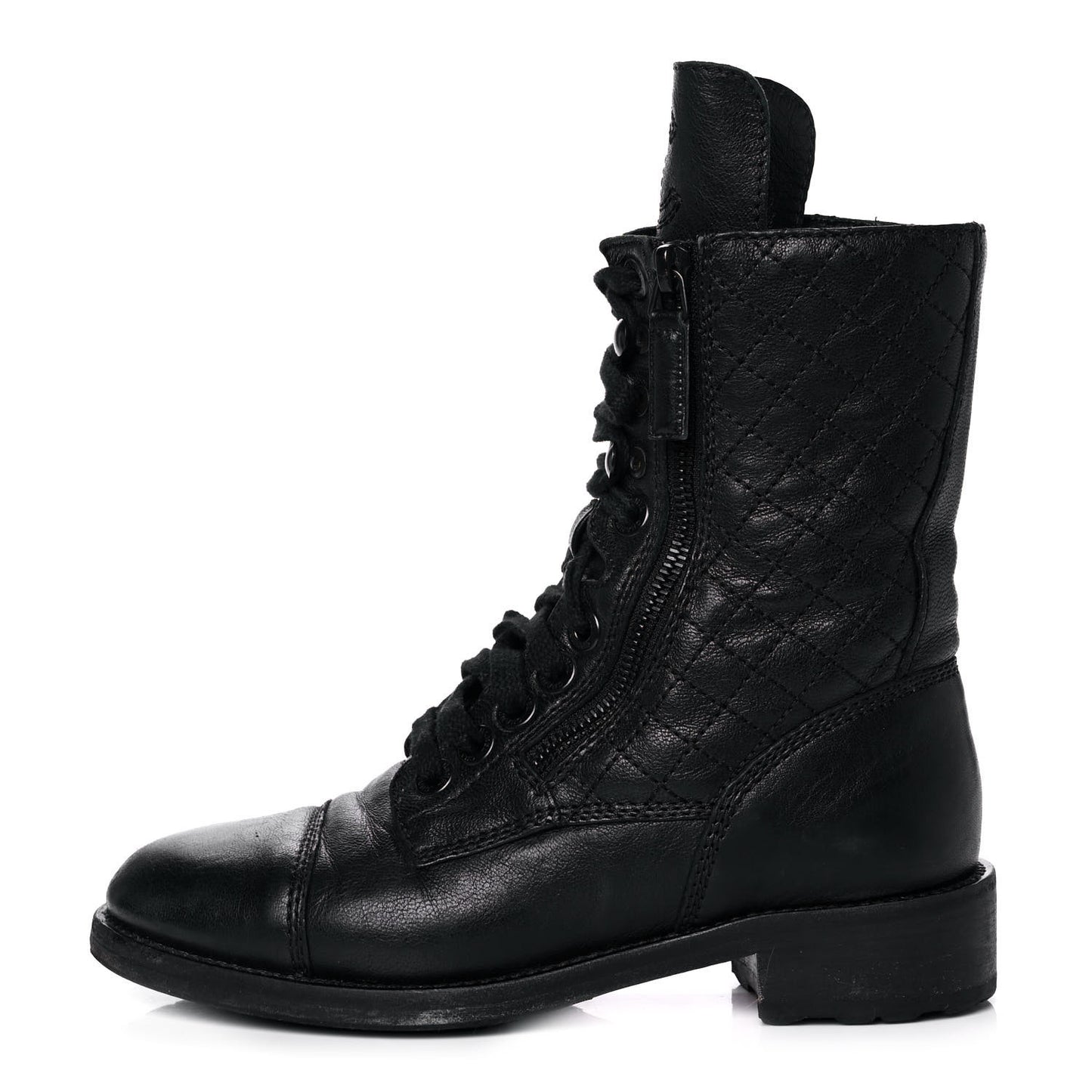 Calfskin Quilted Lace Up Combat Boots 36 Black