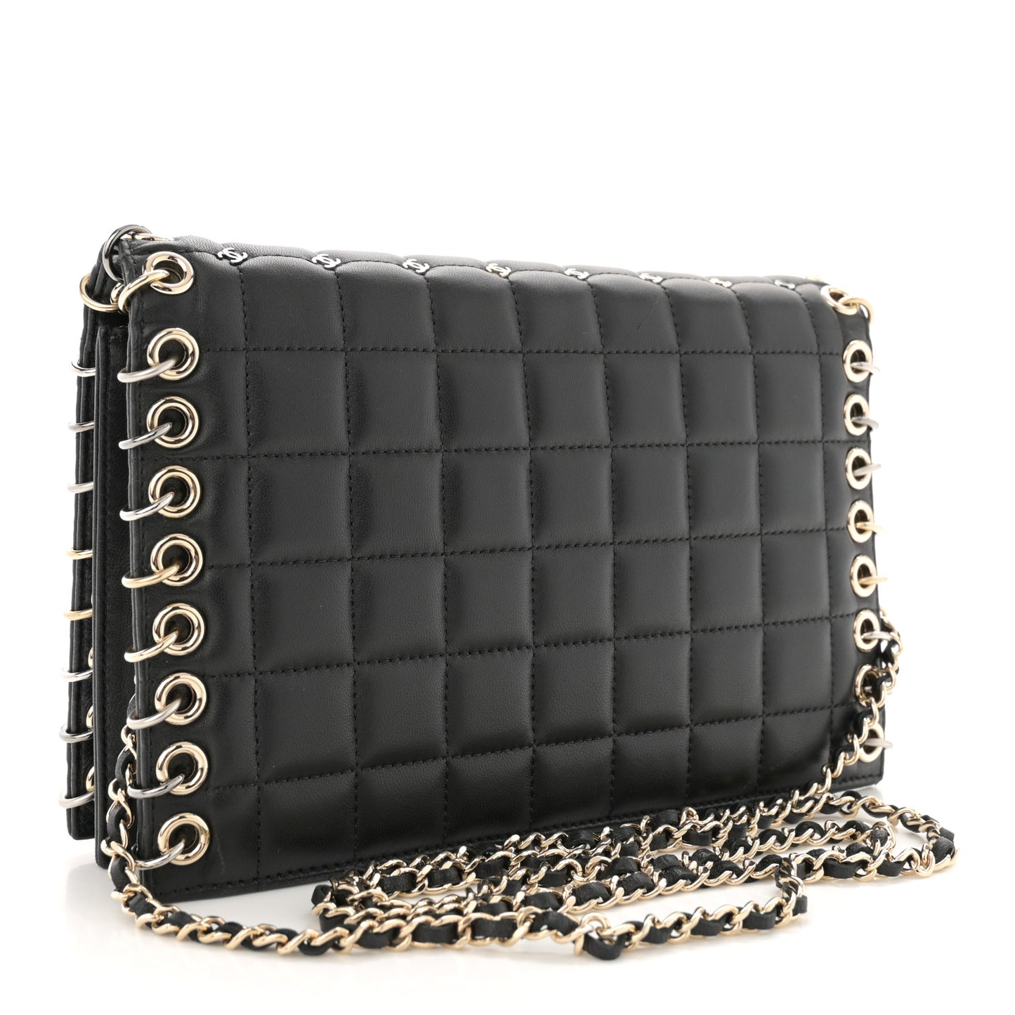 Lambskin Chocolate Bar Piercing CC Studded Small Chain Flap Bag Black