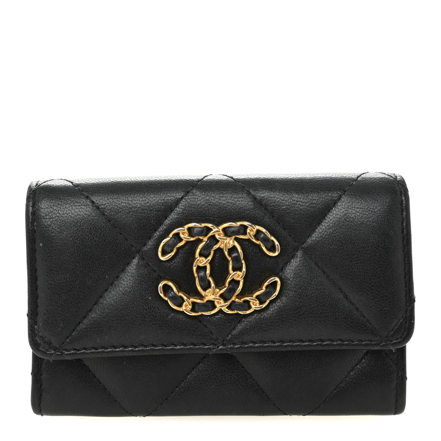 Shiny Goatskin Quilted Chanel 19 Flap Card Holder Black