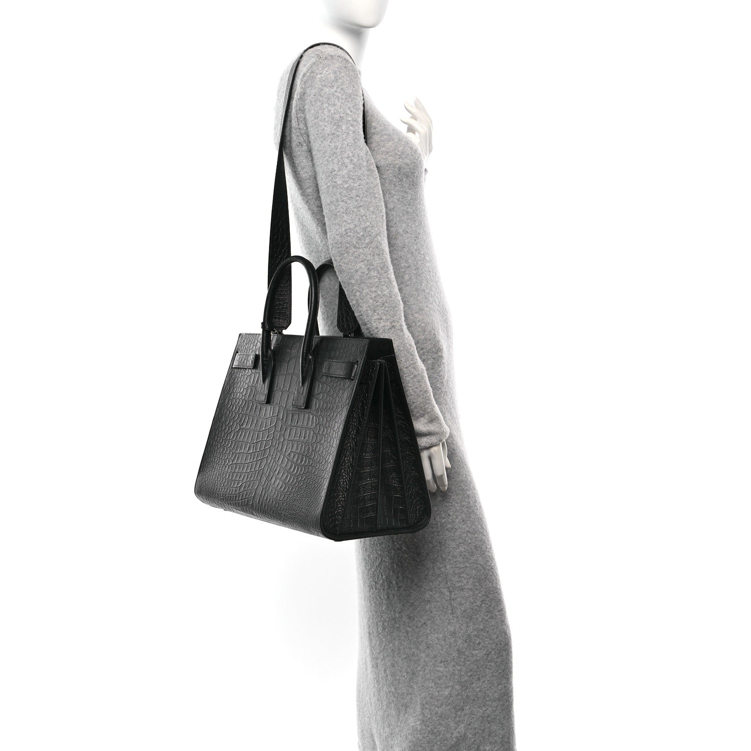 Saint Laurent Calfskin Crocodile Embossed Large Sac De Jour Carryall Black 2 of 10