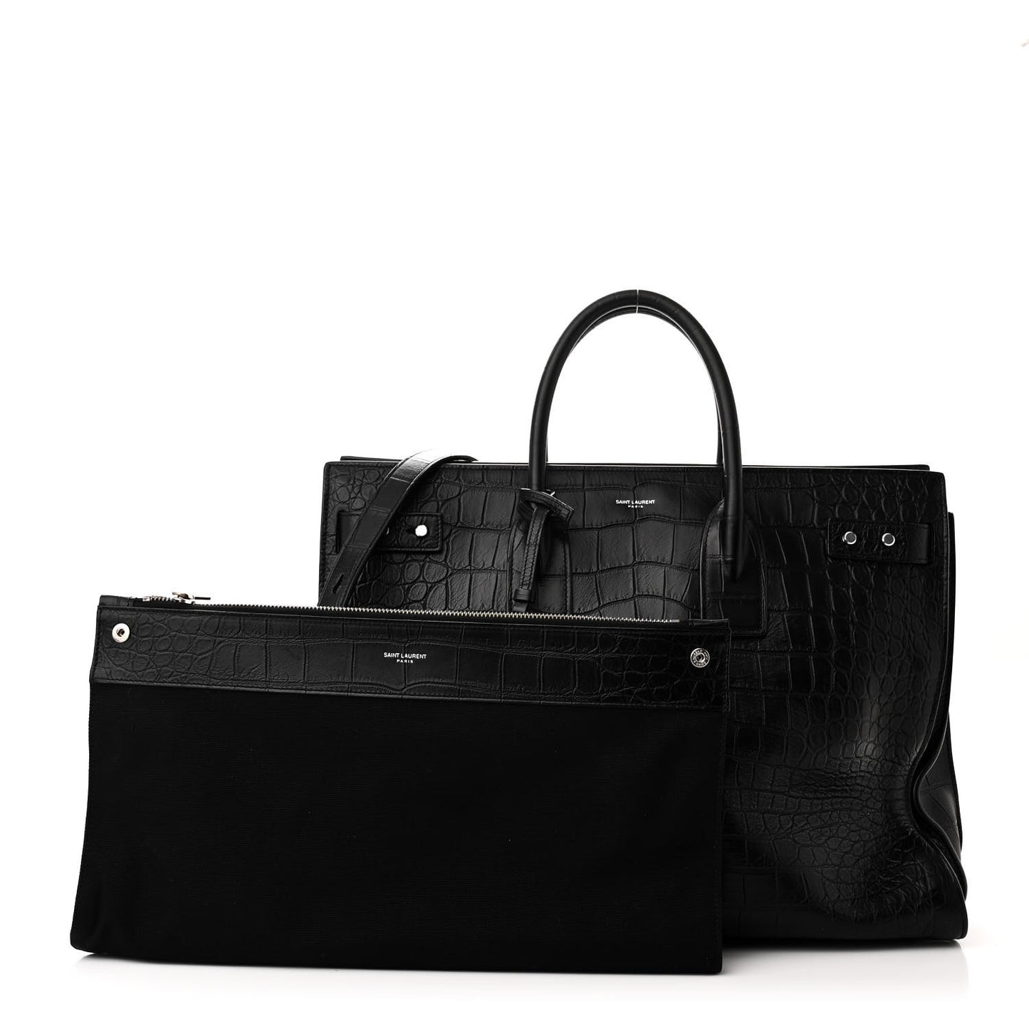 SAINT LAURENT Calfskin Crocodile Embossed Large Souple Sac De Jour Black