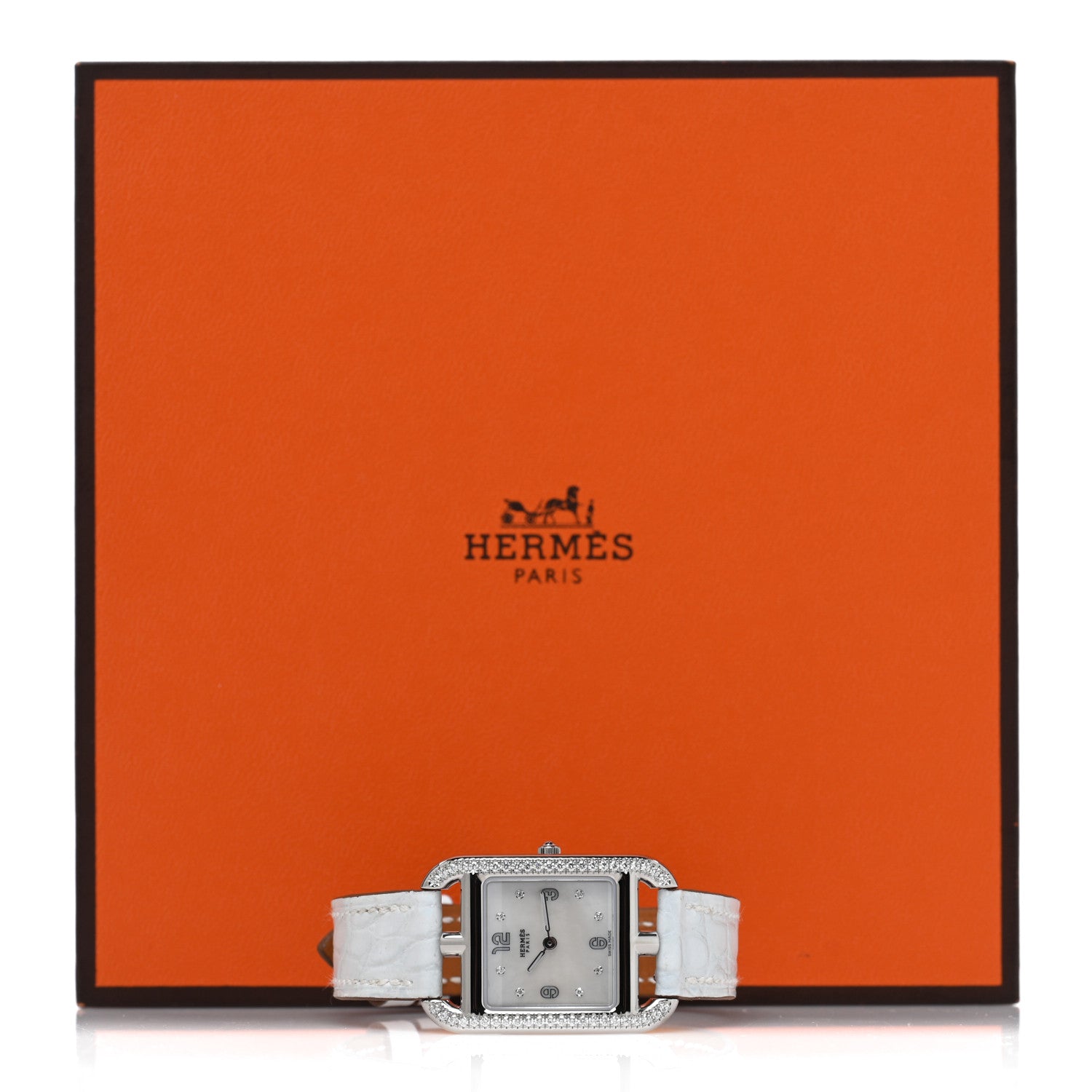 Hermes Stainless Steel Alligator Diamond Bezel Mother of Pearl 23mm Cape Cod Quartz Watch Bleu Brum 5 of 5