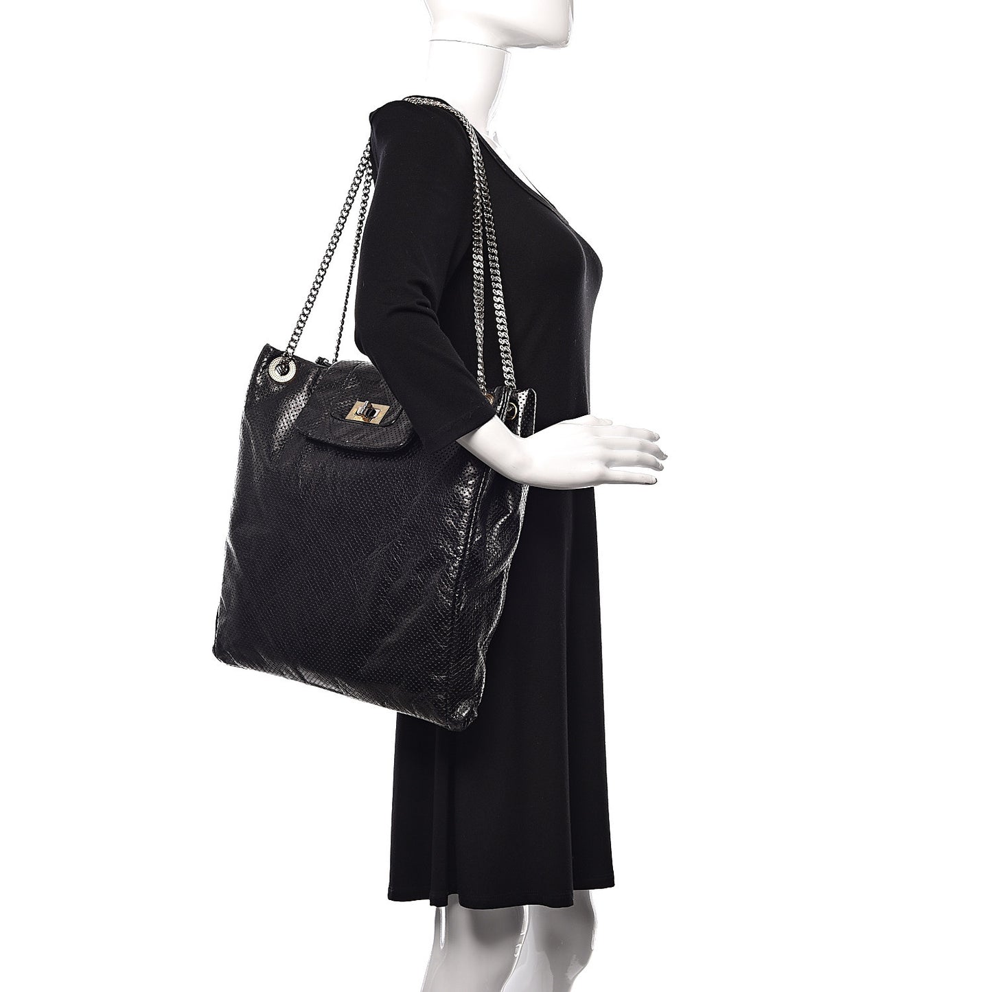 Metallic Crackled Calfskin Perforated Drill Shoulder Bag Black