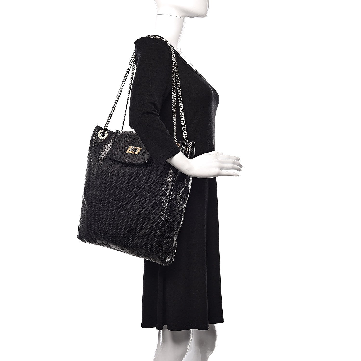Chanel Metallic Crackled Calfskin Perforated Drill Shoulder Bag Black 2 of 13