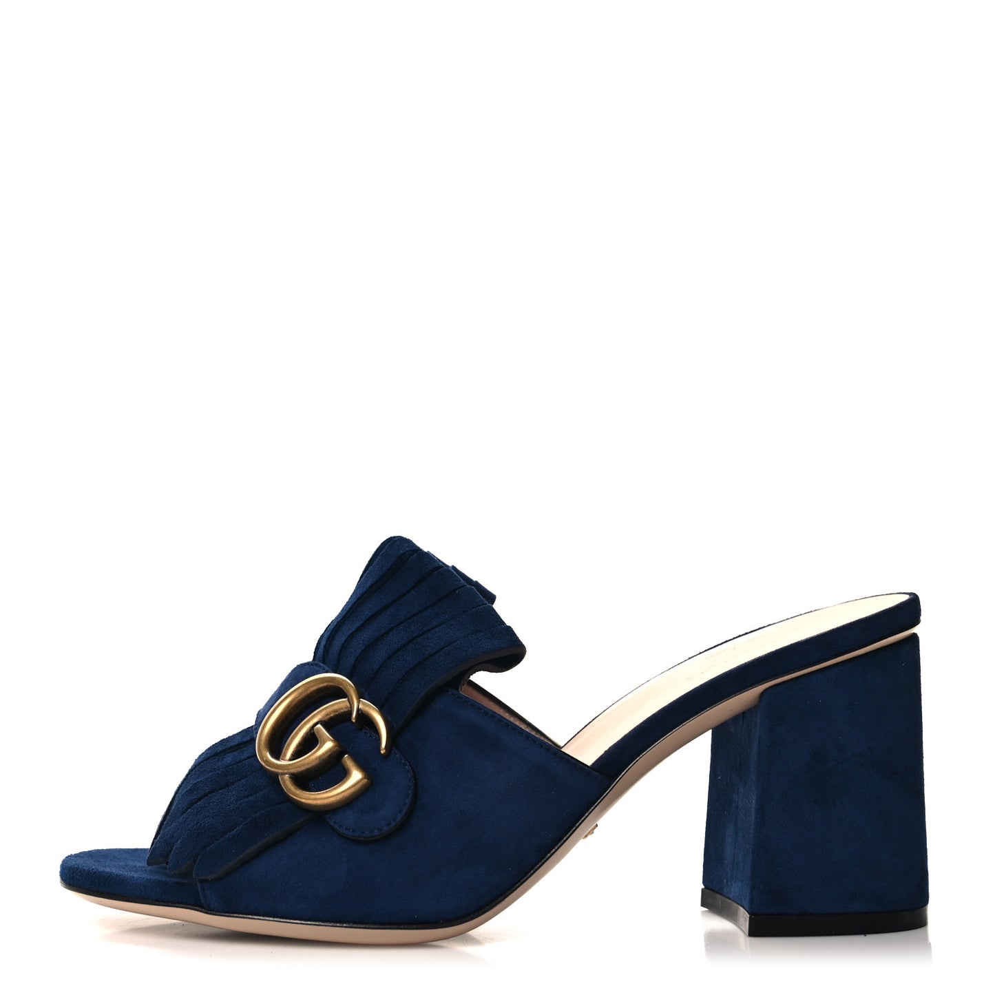 Kid Scamosciato GG Marmont Fringe 75mm Slide Sandals 38.5 Blue Ink