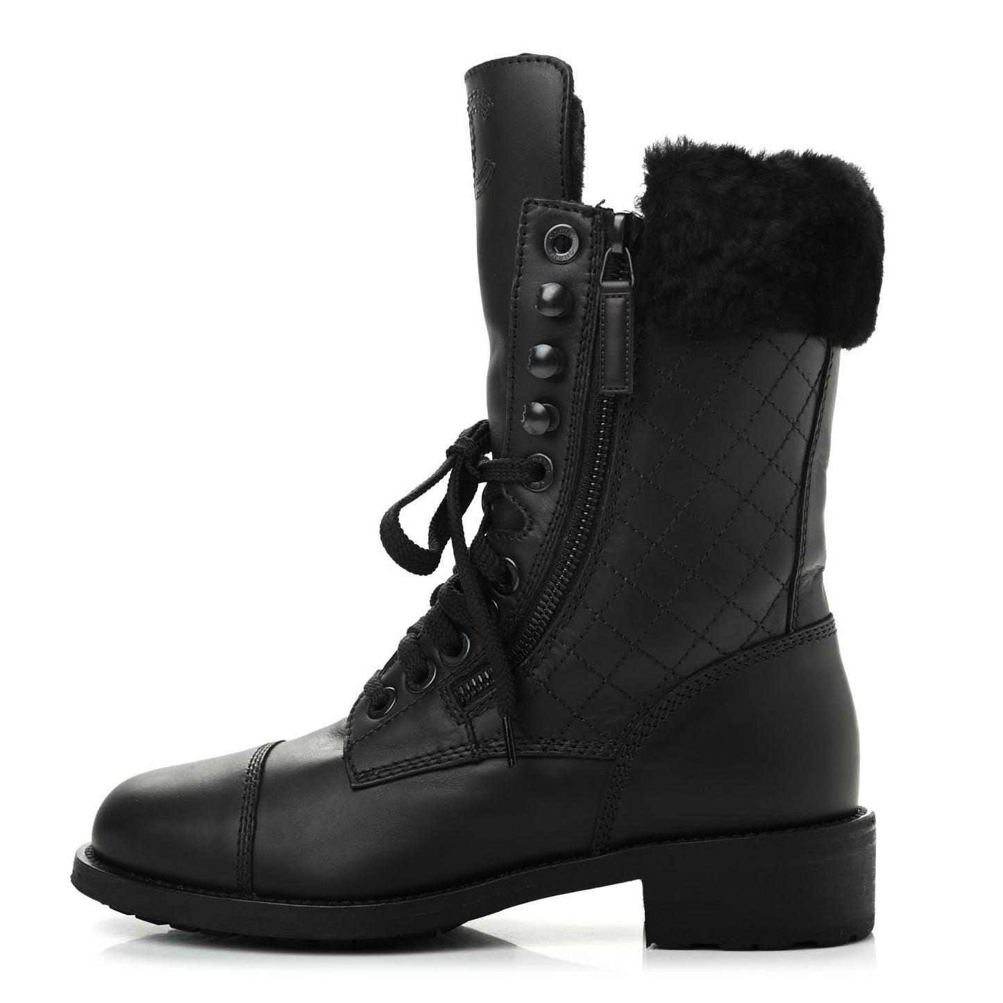 Calfskin Shearling Quilted Cap Toe Combat Boots 37 Black