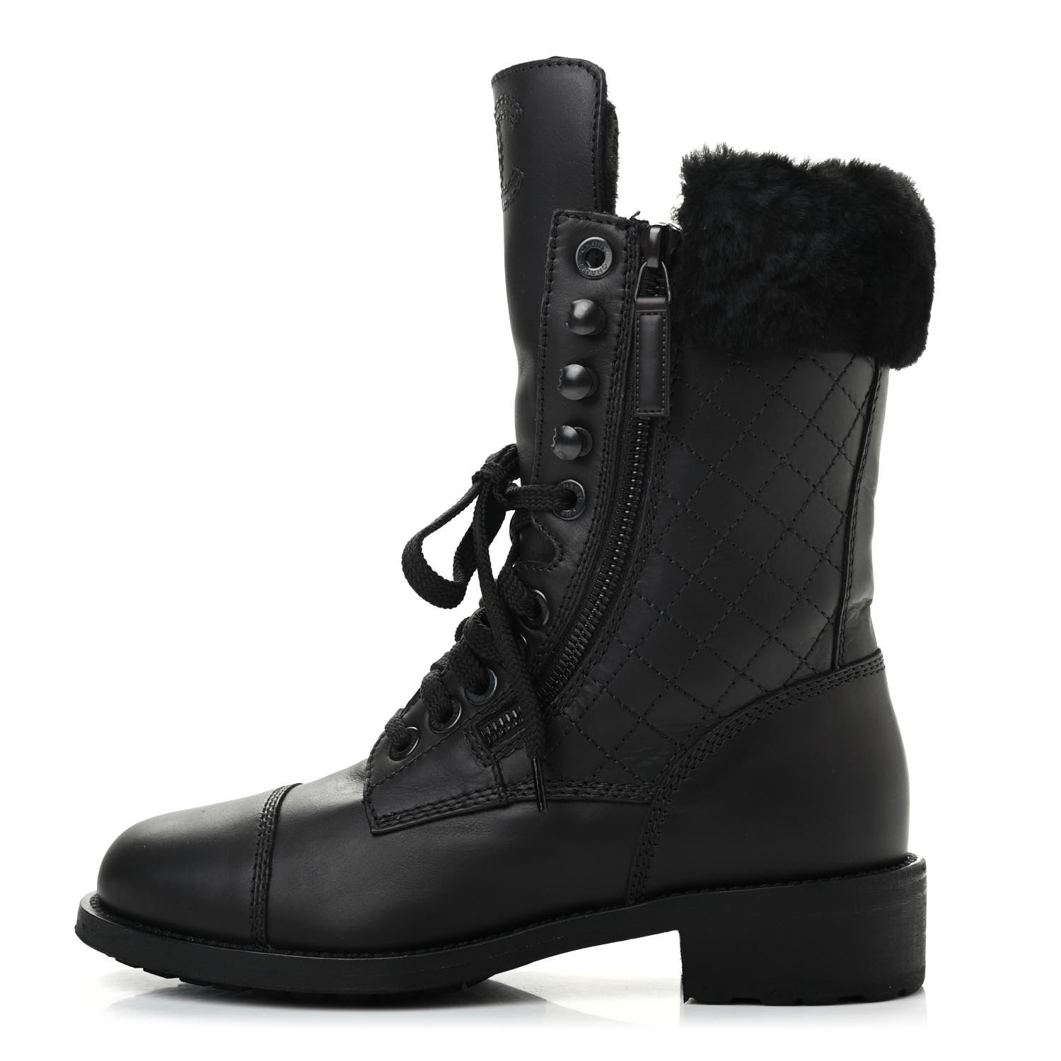 Chanel Calfskin Shearling Quilted Cap Toe Combat Boots 37 Black 1 of 9