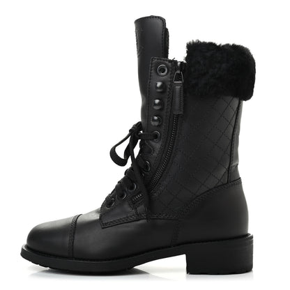 Chanel Calfskin Shearling Quilted Cap Toe Combat Boots 37 Black 1 of 9