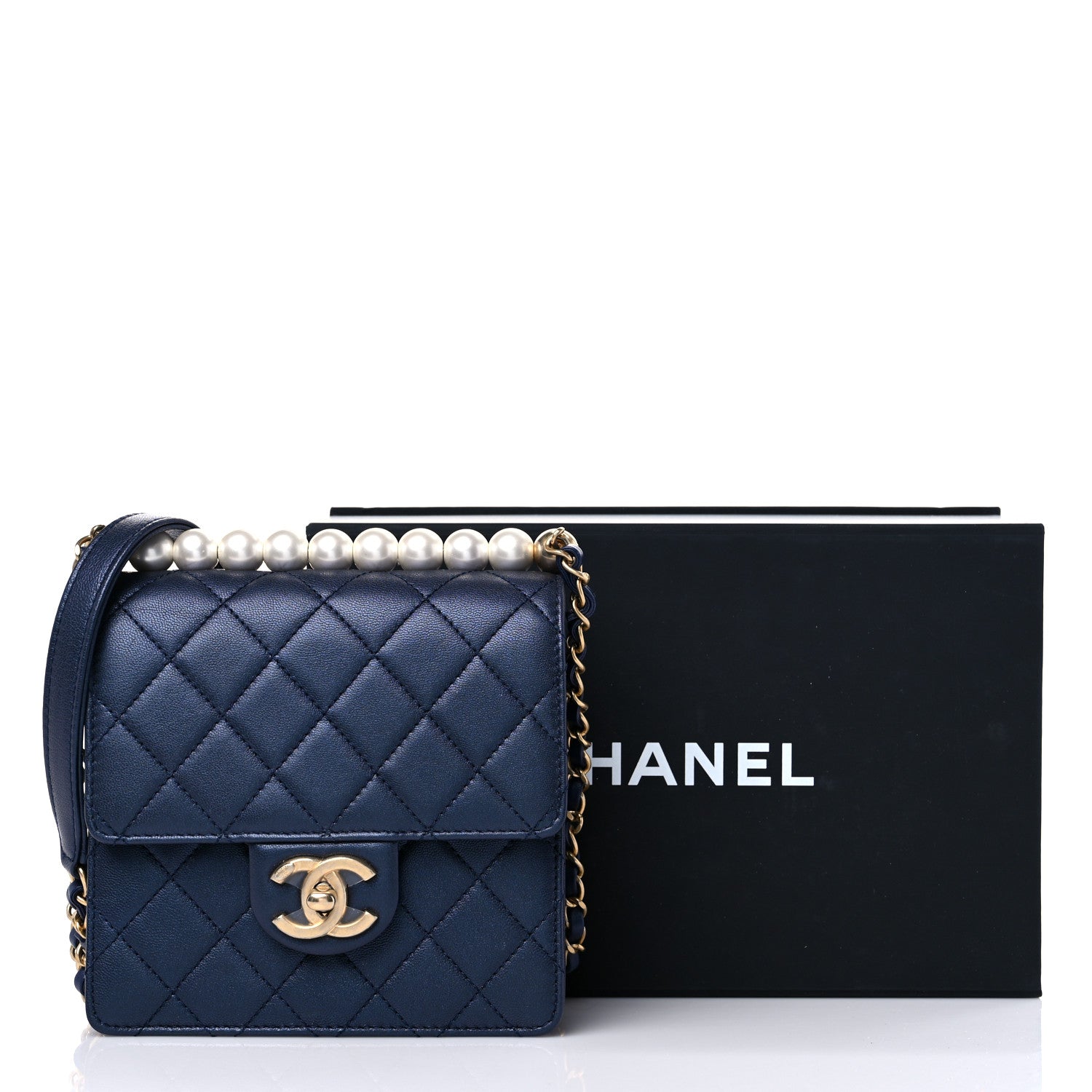 Chanel Iridescent Lambskin Quilted Chic Pearls Flap Navy Blue 10 of 10