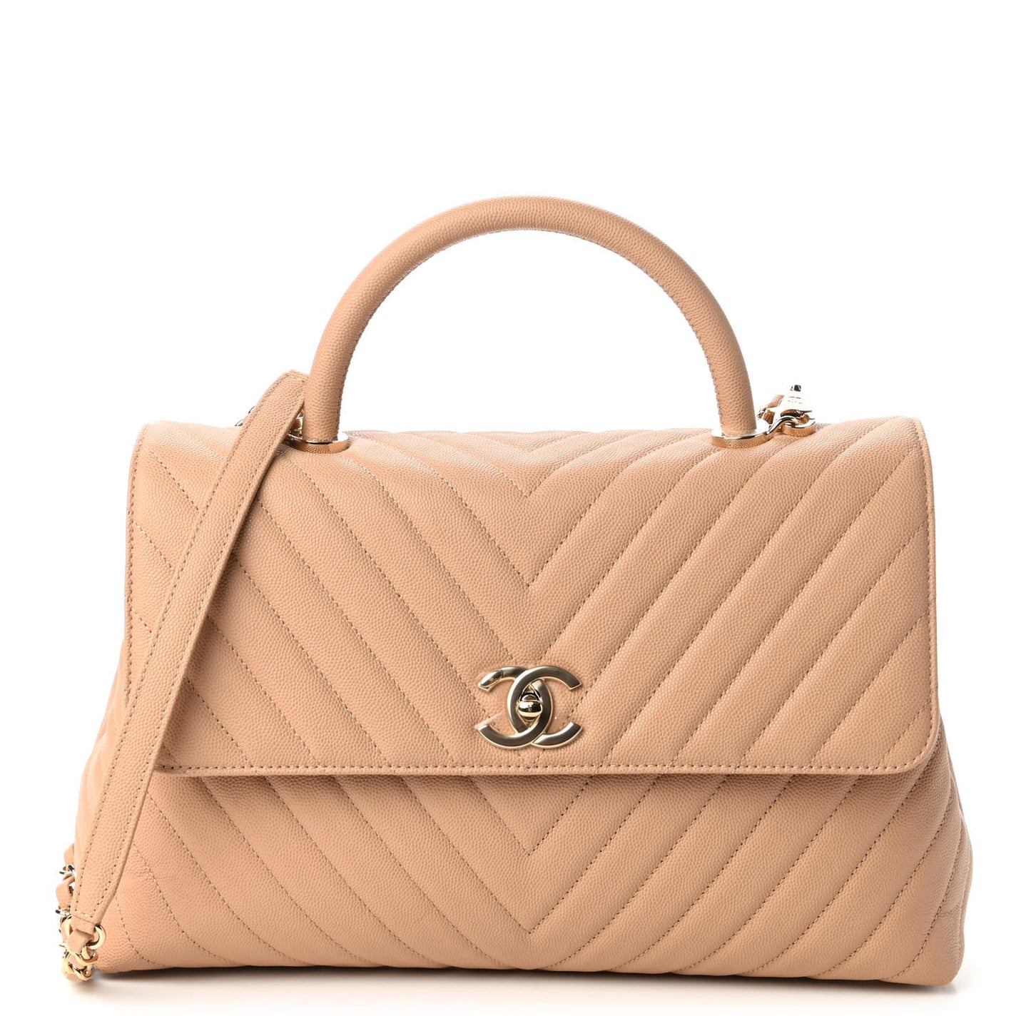 Caviar Chevron Quilted Medium Coco Handle Flap Beige