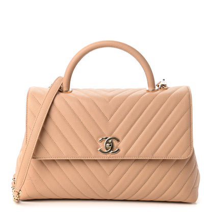 Chanel Caviar Chevron Quilted Medium Coco Handle Flap Beige 1 of 11