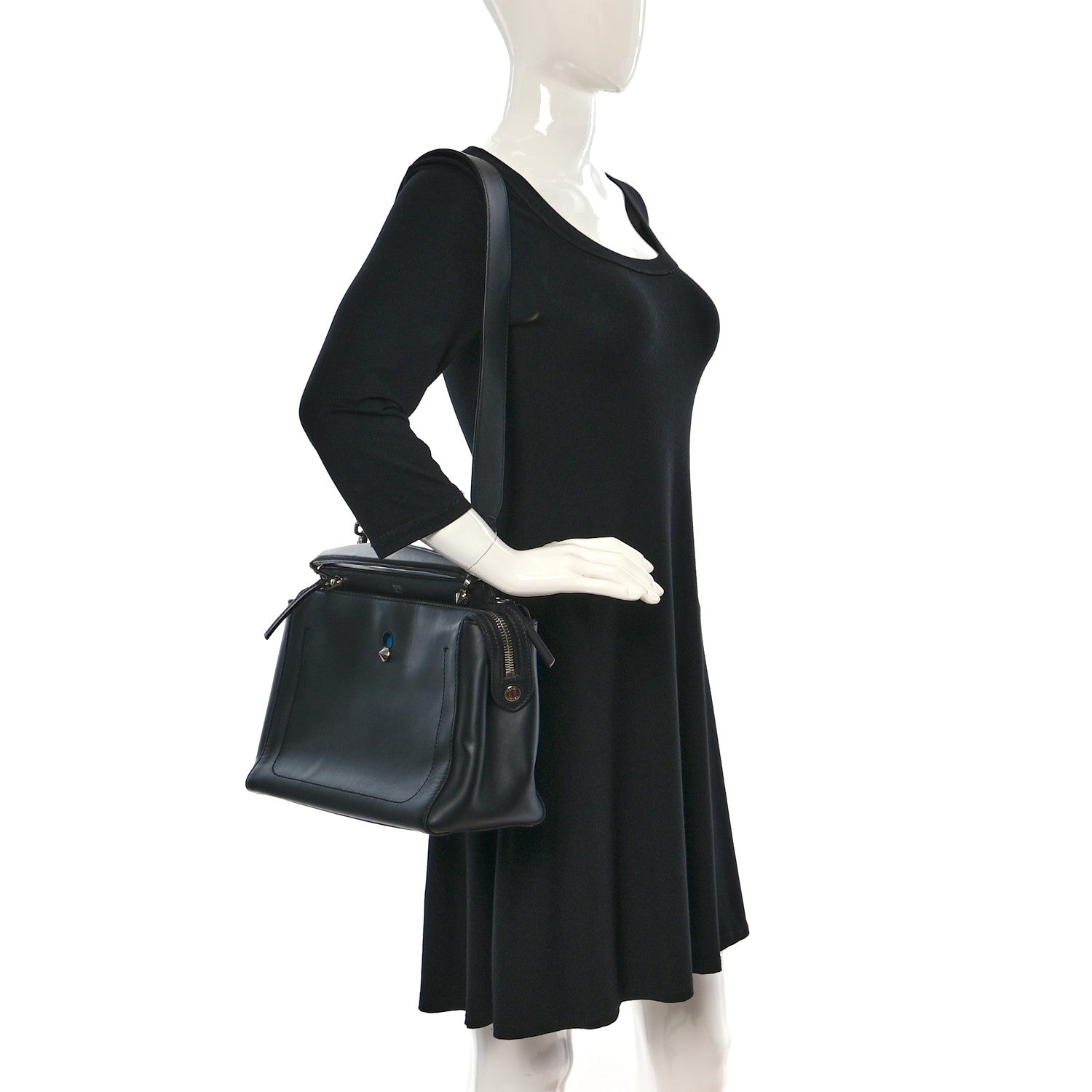 Fendi Vitello Baltico Dolce DotCom Satchel Black Blue Royal 2 of 11