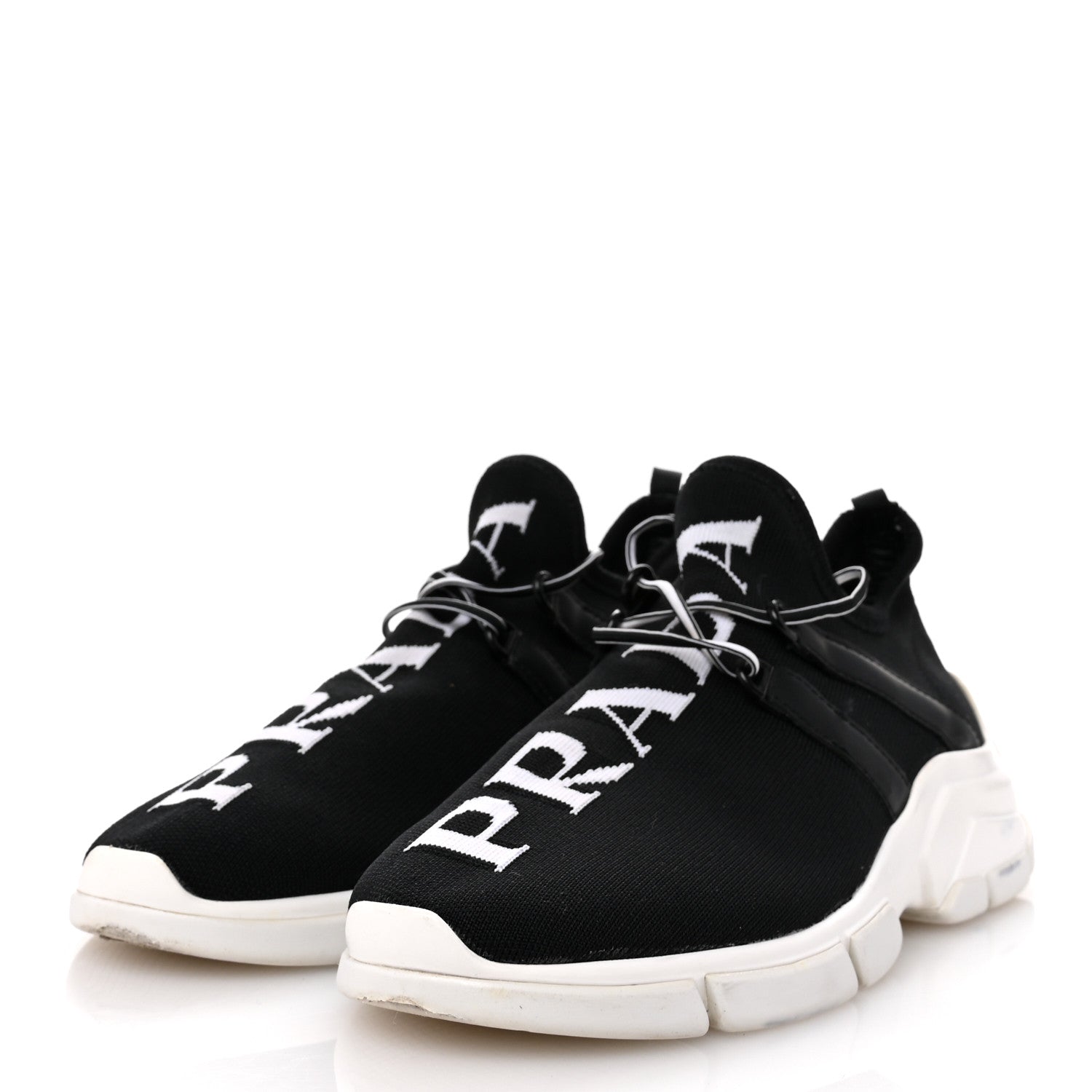 Prada Knit Fabric Logo Womens Sneakers 37 Black White 4 of 11