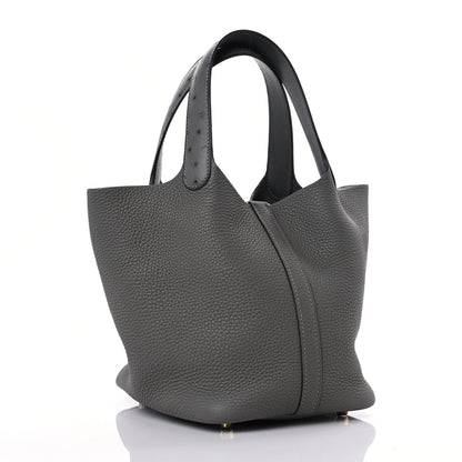 Hermes Taurillon Clemence Ostrich Touch Picotin Lock 18 PM Gris Meyer 3 of 8