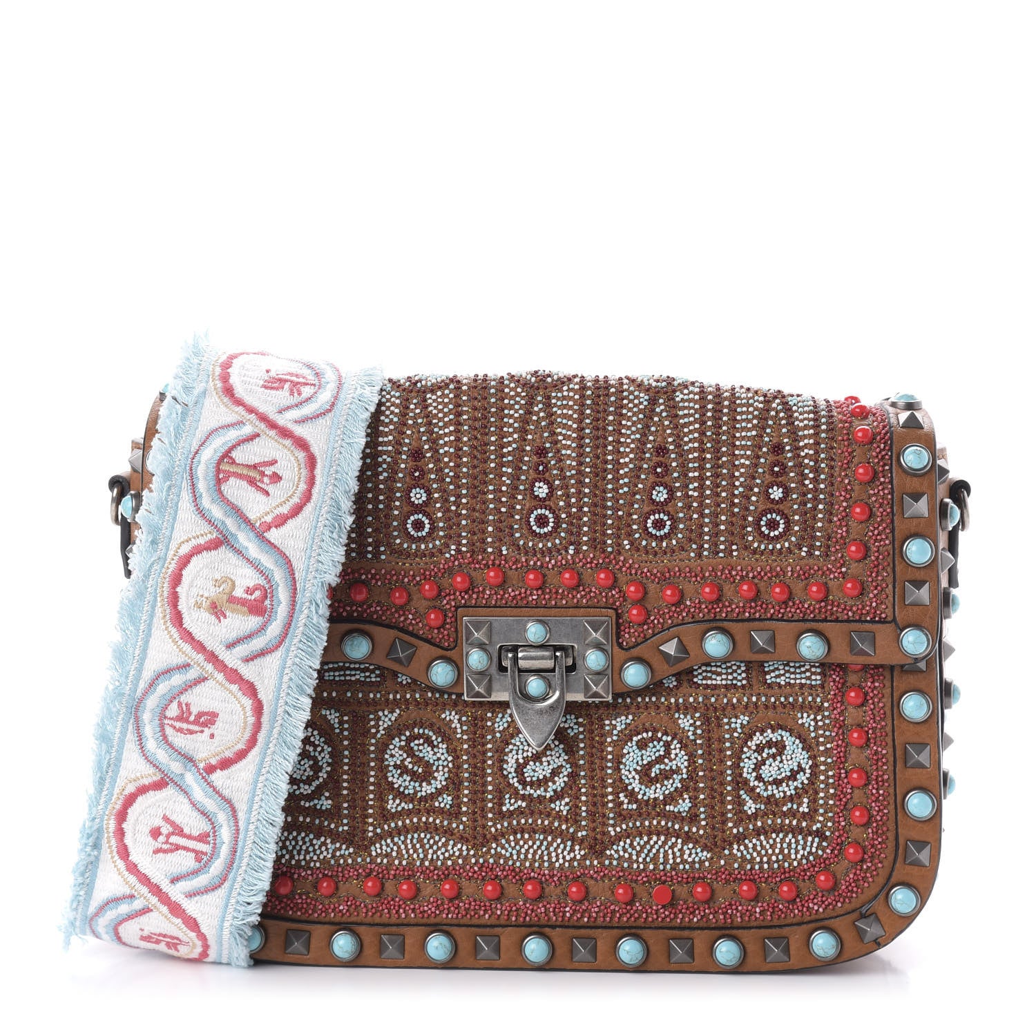 Valentino Garavani Calfskin Embroidered Medium Guitar Strap Rockstud Rolling Flap Saddle Bag Light Cuir 1 of 9