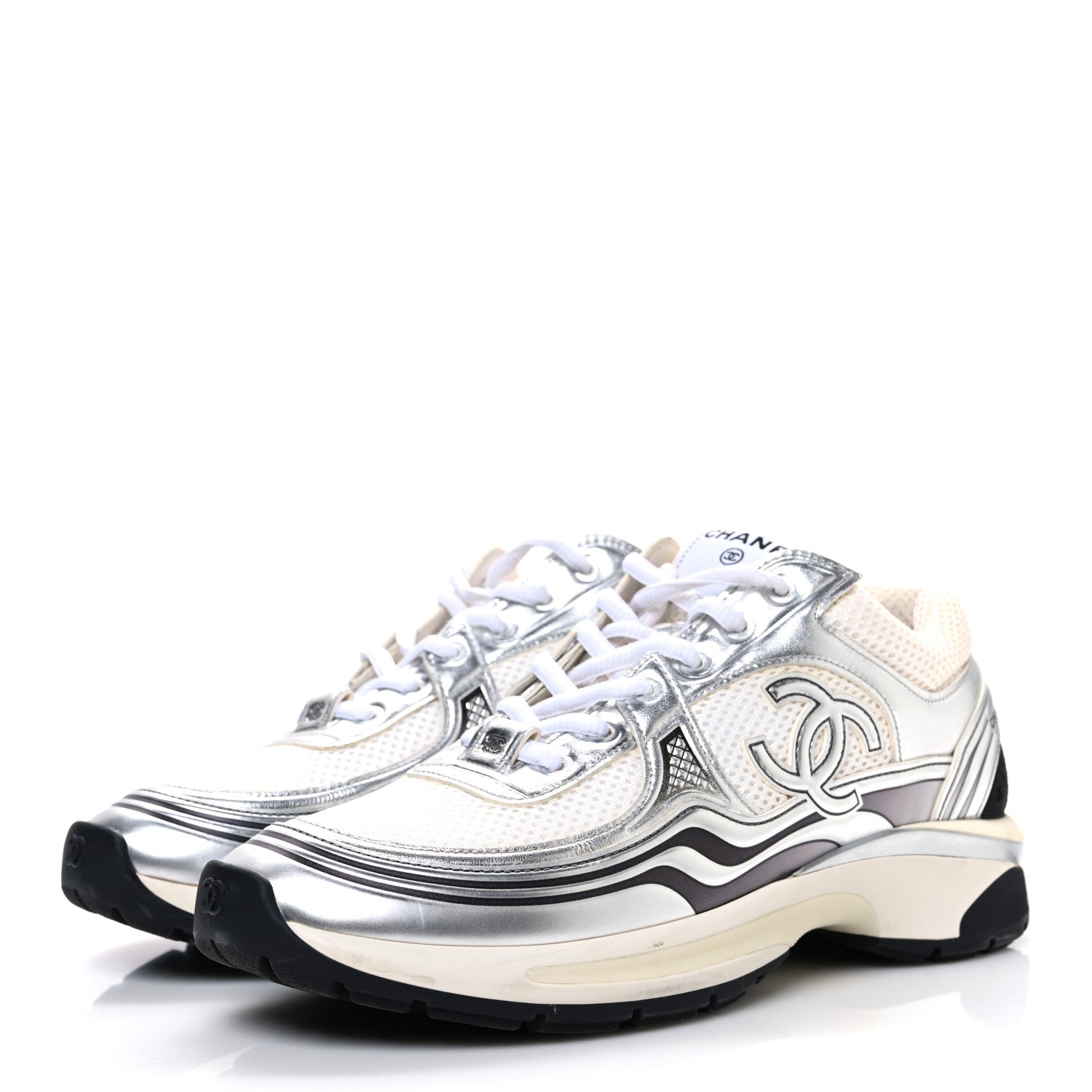 Chanel Fabric Laminated Calfskin Stretch CC Womens Sneakers 40 White Silver 4 of 13