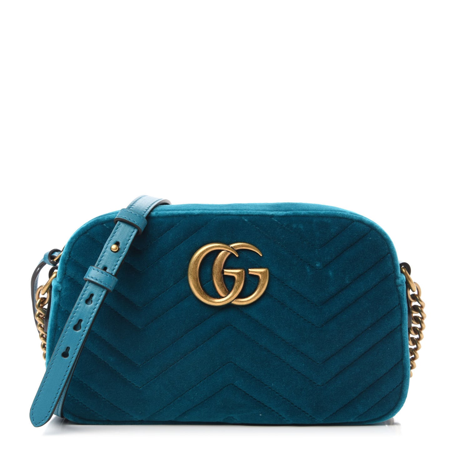 Velvet Matelasse Small GG Marmont Chain Shoulder Bag Pavone Cyan