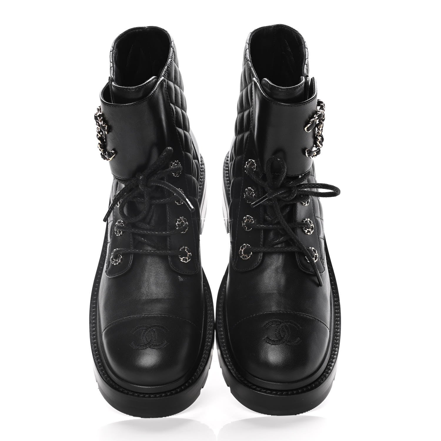 Chanel Shiny Lambskin Quilted Lace Up Combat Boots 39.5 Black 5 of 16