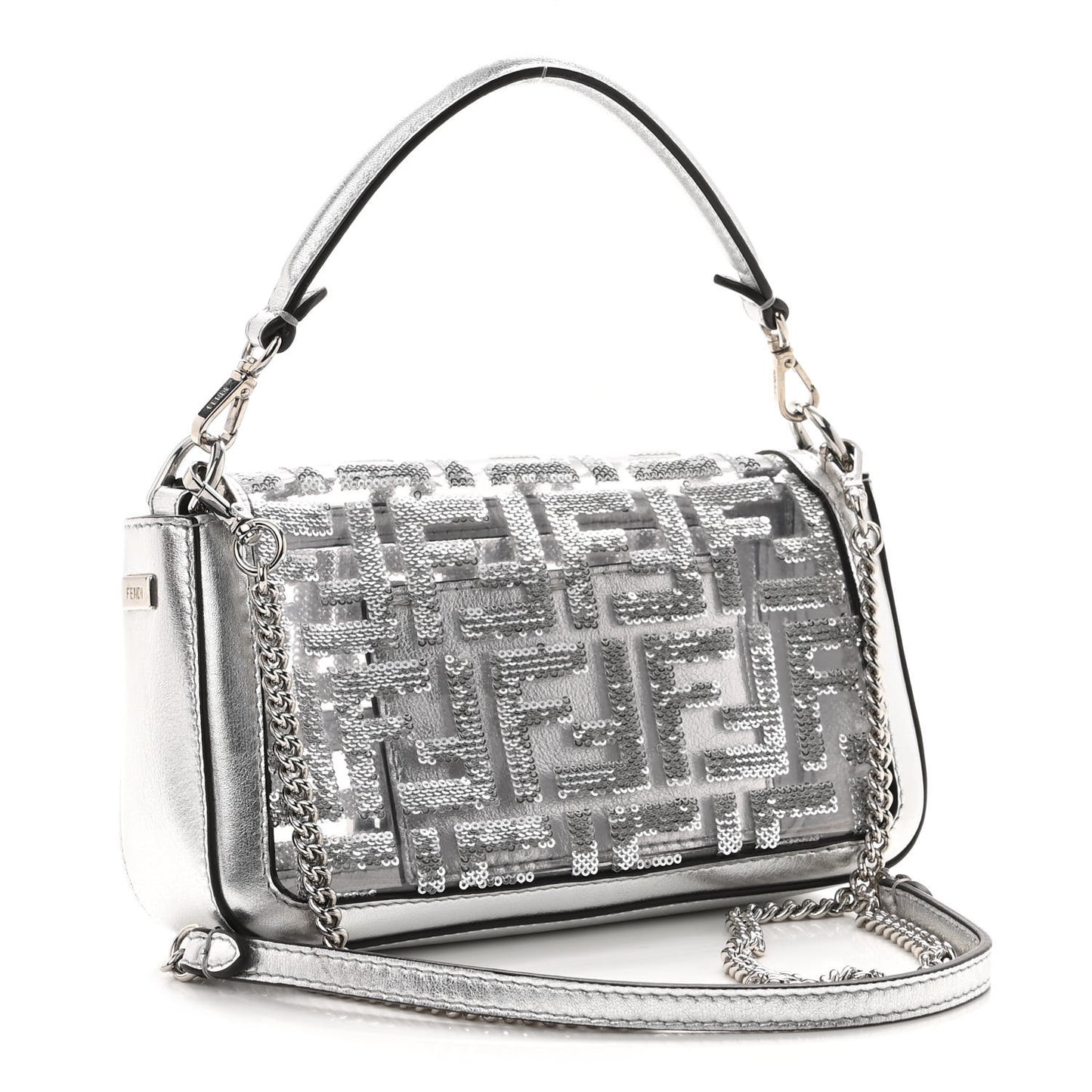 PVC Vitello Catalan Mirror Sequin FF Mini Baguette Argento