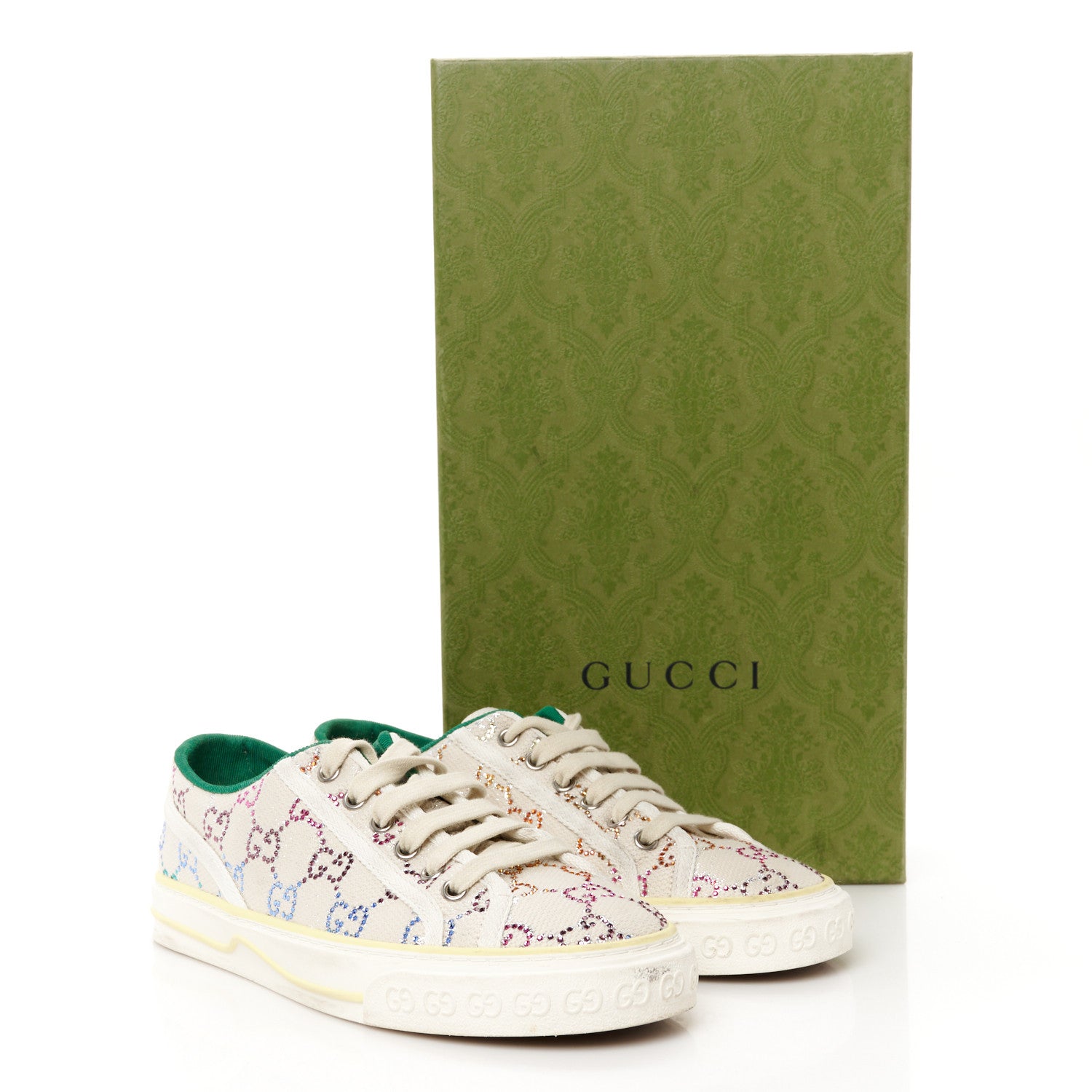 Gucci Canvas Lame Crystal GG Monogram Womens 1977 Tennis Sneakers 38 Gardenia Silver Mystic White 9 of 9