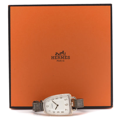 Hermes 18K Rose Gold Alligator Diamond Bezel 26mm Galop Quartz Watch Gris Elephant 7 of 7