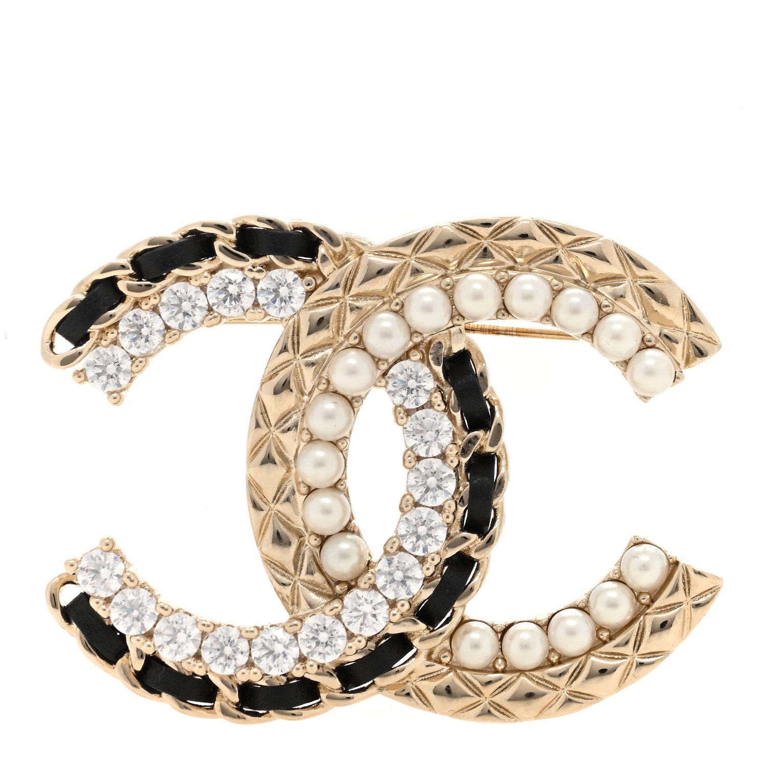 Chanel Lambskin Pearl Crystal Quilted CC Brooch Black Gold Black 1 of 4