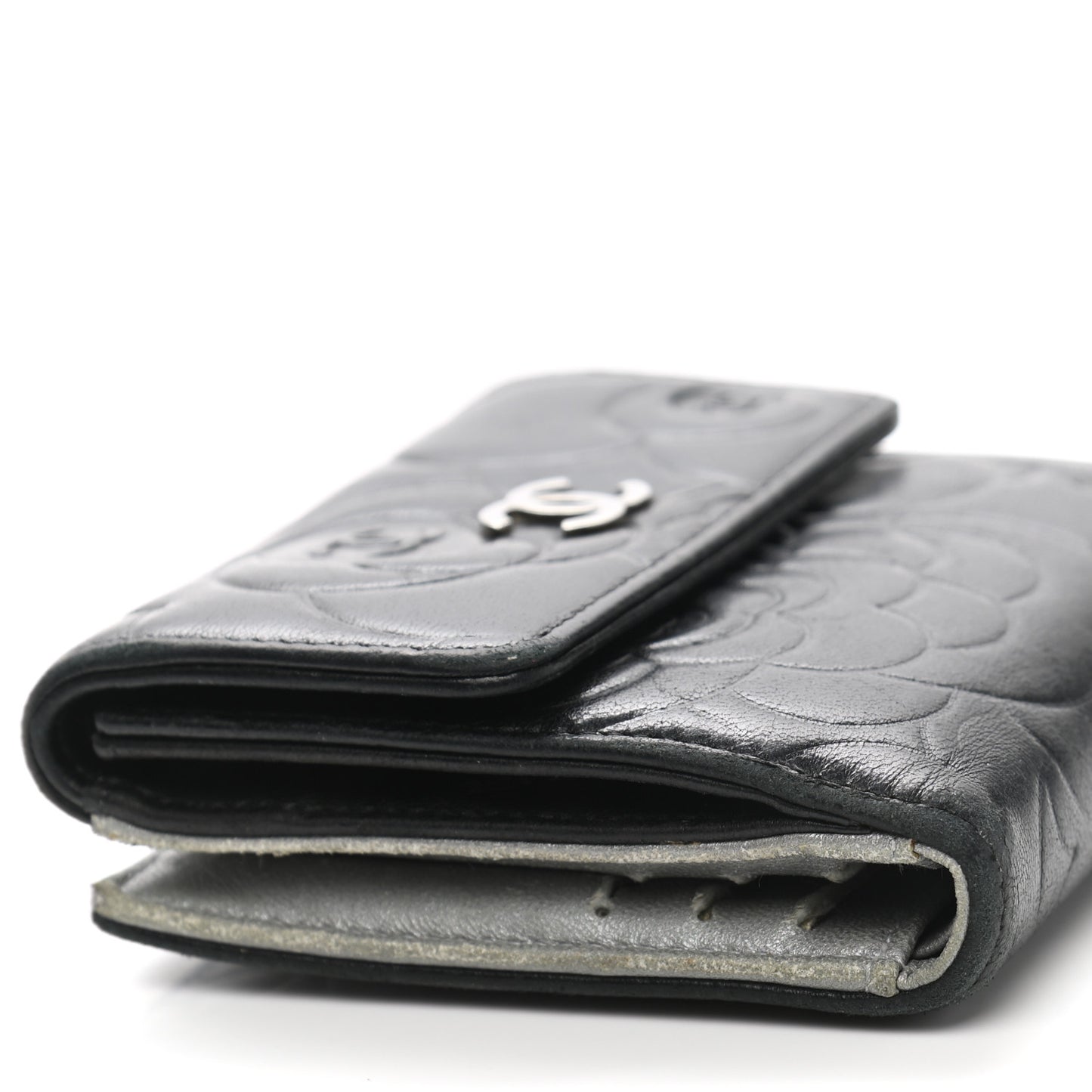 Lambskin Embossed Camellia French Wallet Black