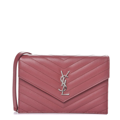 Saint Laurent Grain De Poudre Matelasse Chevron Monogram Envelope Chain Wallet Blush Fonce 1 of 7