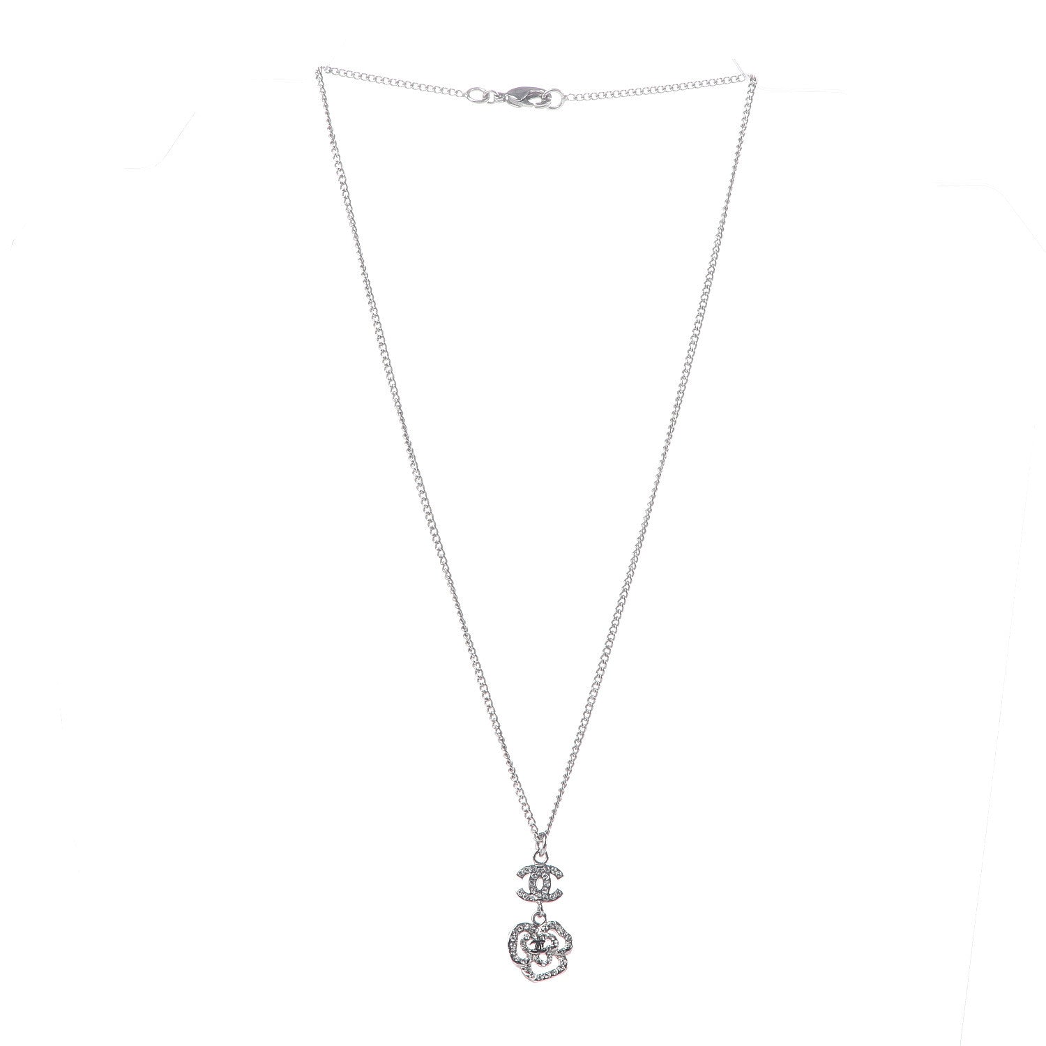 Chanel Crystal CC Camellia Necklace Silver 3 of 6