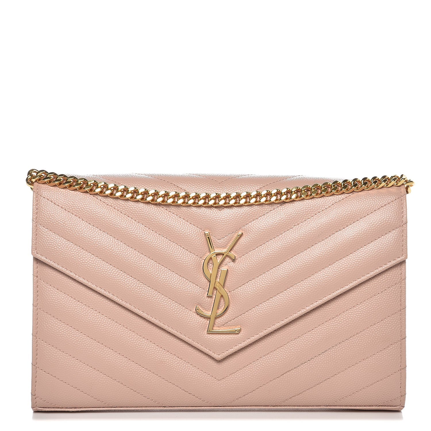Saint Laurent Grain De Poudre Matelasse Chevron Monogram Chain Wallet Pale Blush 1 of 12