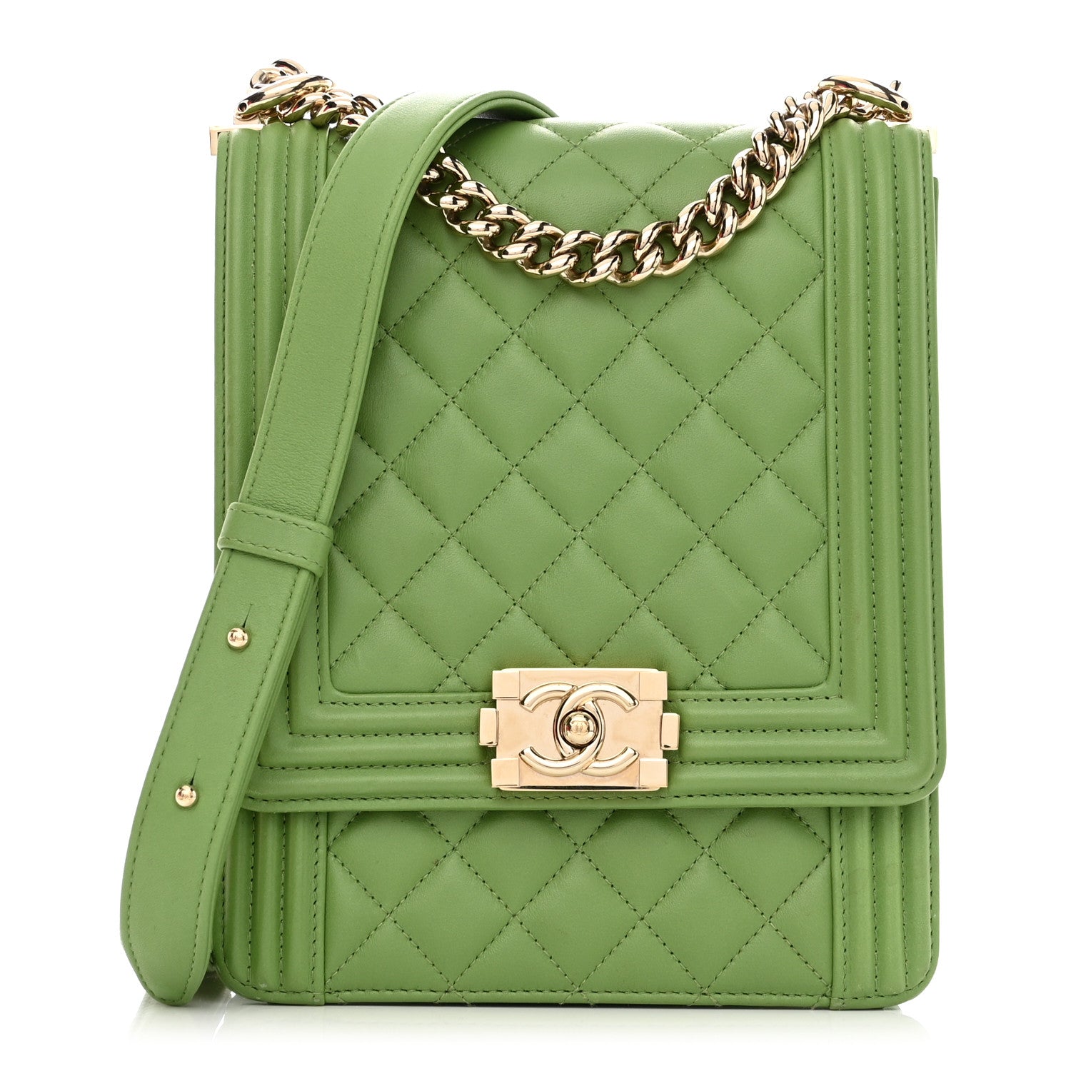 Chanel Calfskin Quilted North South Boy Flap Green 1 of 9