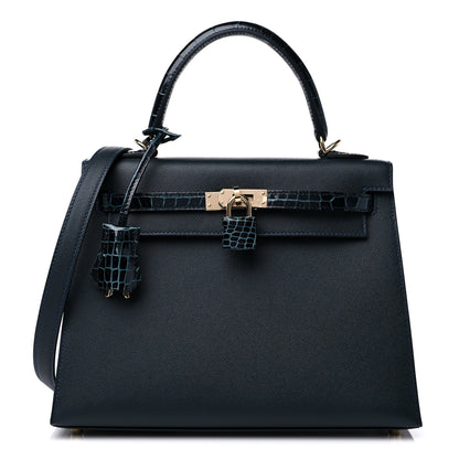 Hermes Madame Calfskin Shiny Niloticus Crocodile Kelly Sellier Touch 25 Vert Rousseau 1 of 10