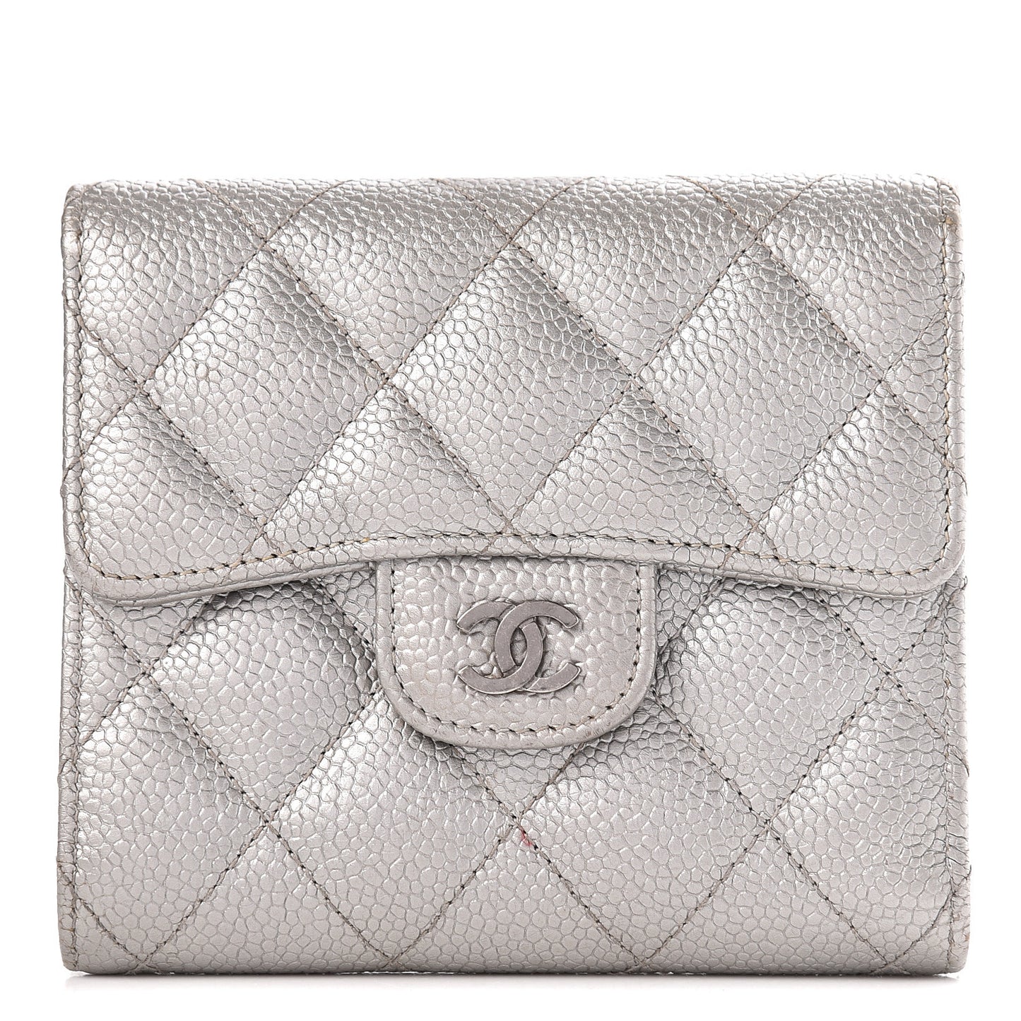 Metallic Caviar Quilted Compact Flap Wallet Silver