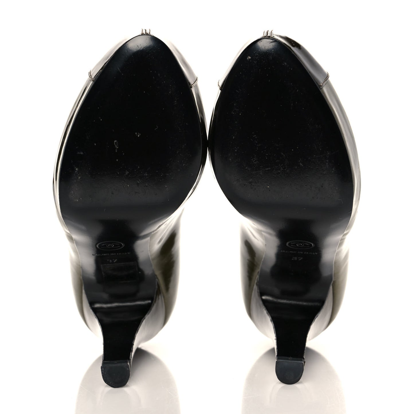 Calfskin Patent Cap Toe Platform CC Pumps 37 Dark Silver