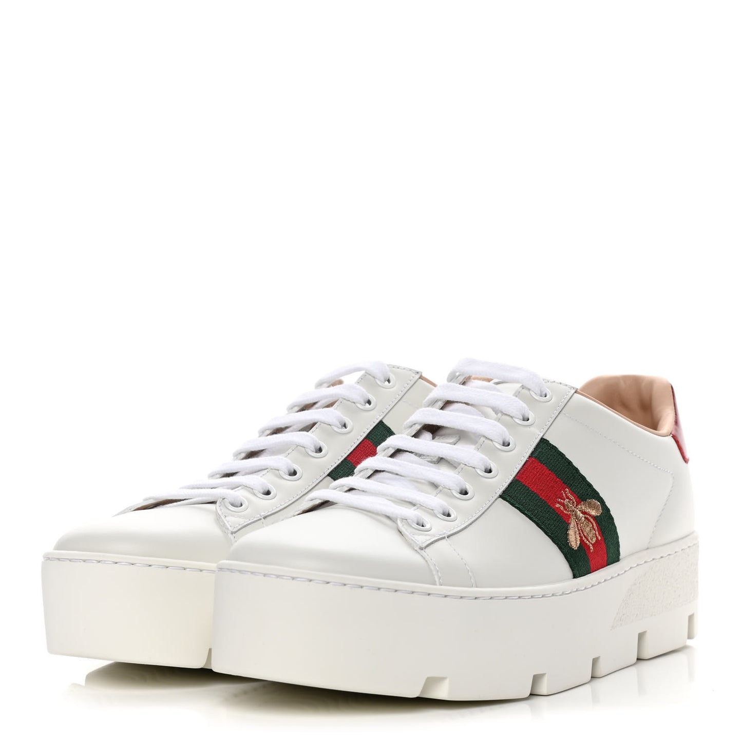 Calfskin Web Bee Embroidered Womens Ace Platform Sneakers 38.5 White