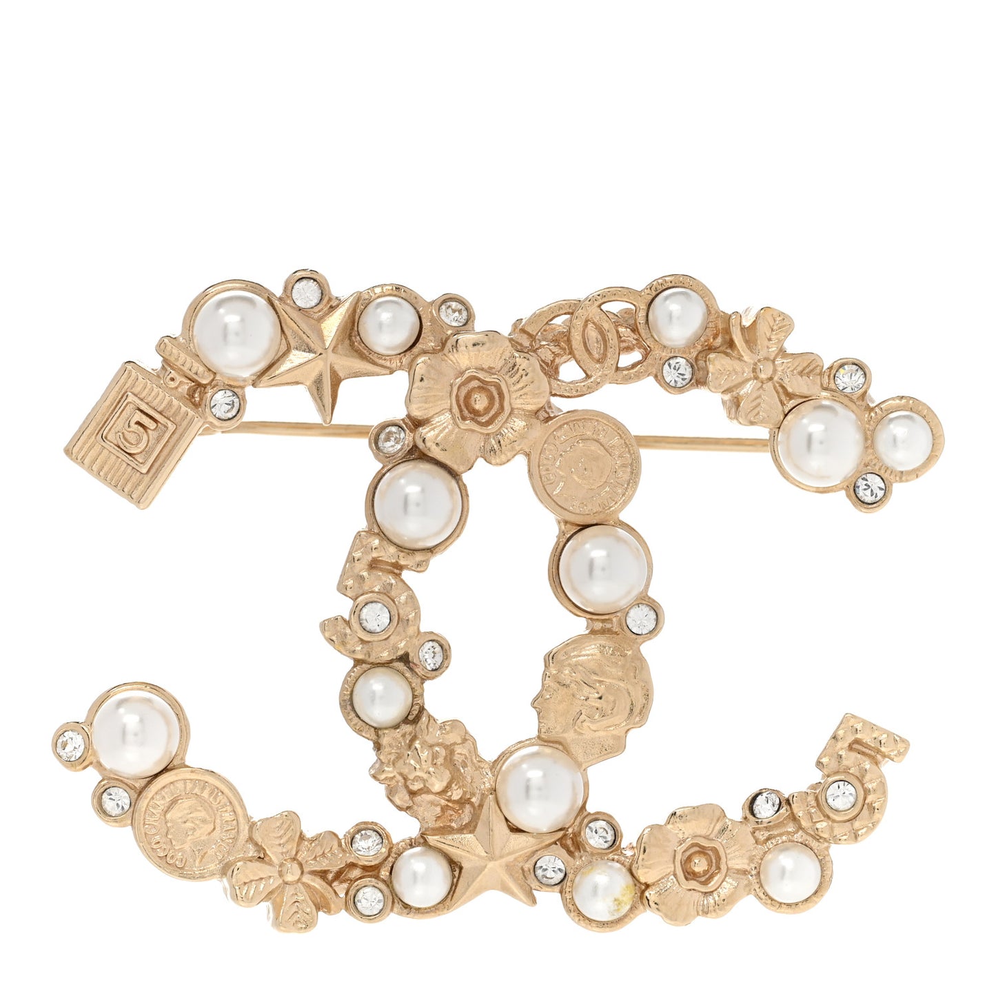 Crystal Pearl CC Charms Brooch Gold