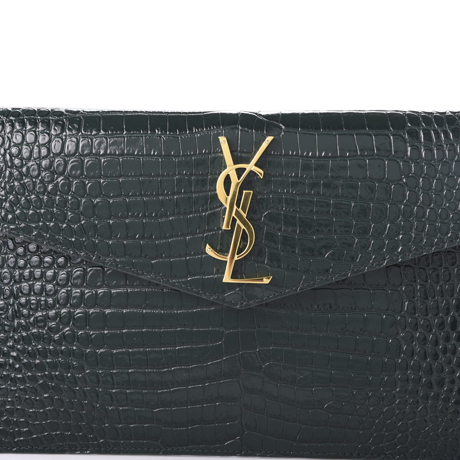 Saint Laurent Calfskin Crocodile Embossed Uptown Monogram Clutch Dark Green 6 of 9
