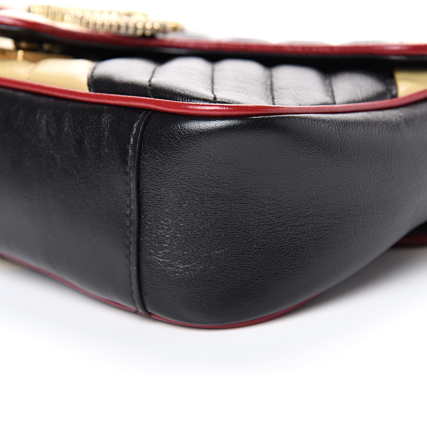 Gucci Vintage Effect Calfskin Matelasse Diagonal Striped Small Torchon GG Marmont Shoulder Bag Black Beige 9 of 9