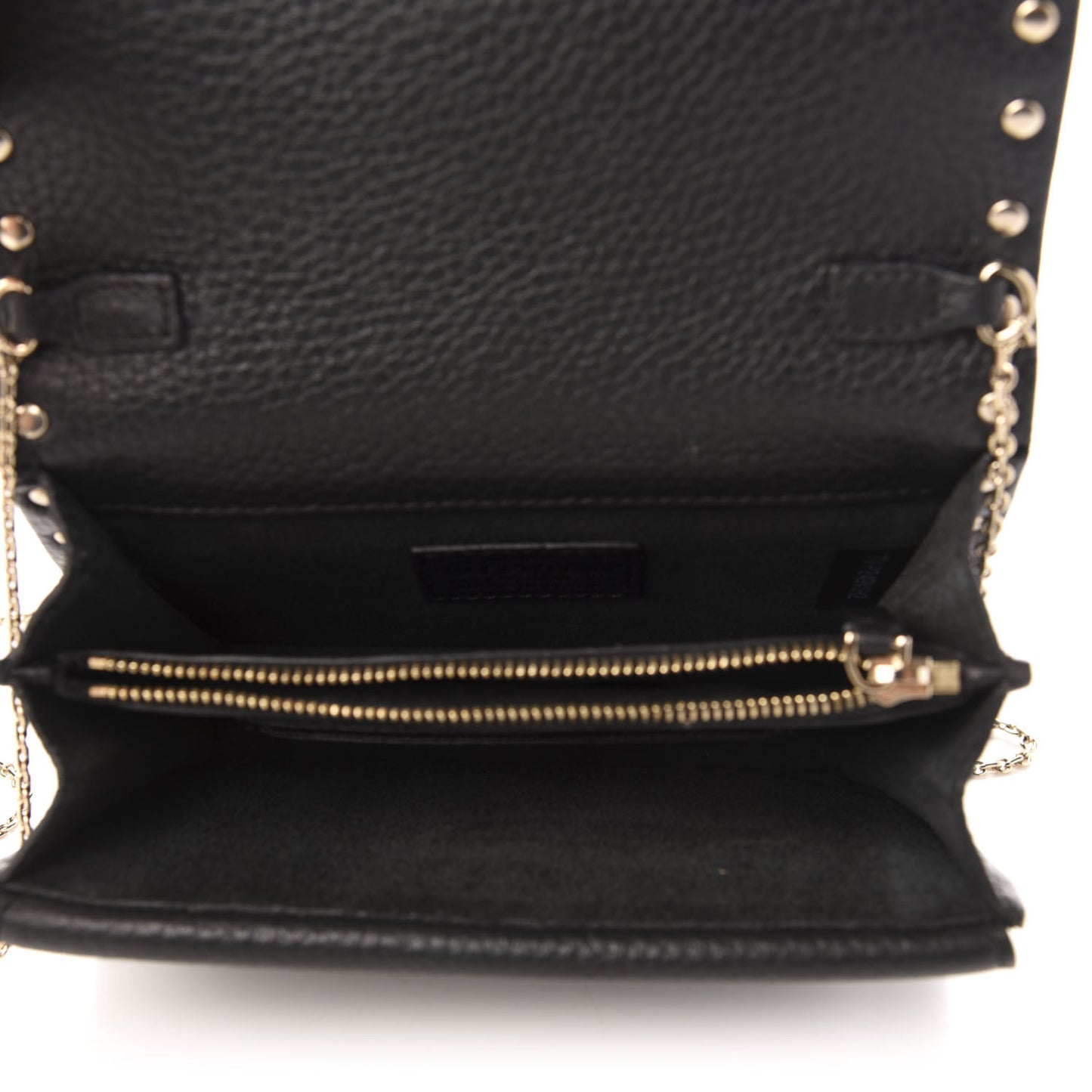 Pebbled Calfskin Rockstud Wallet on Chain Black