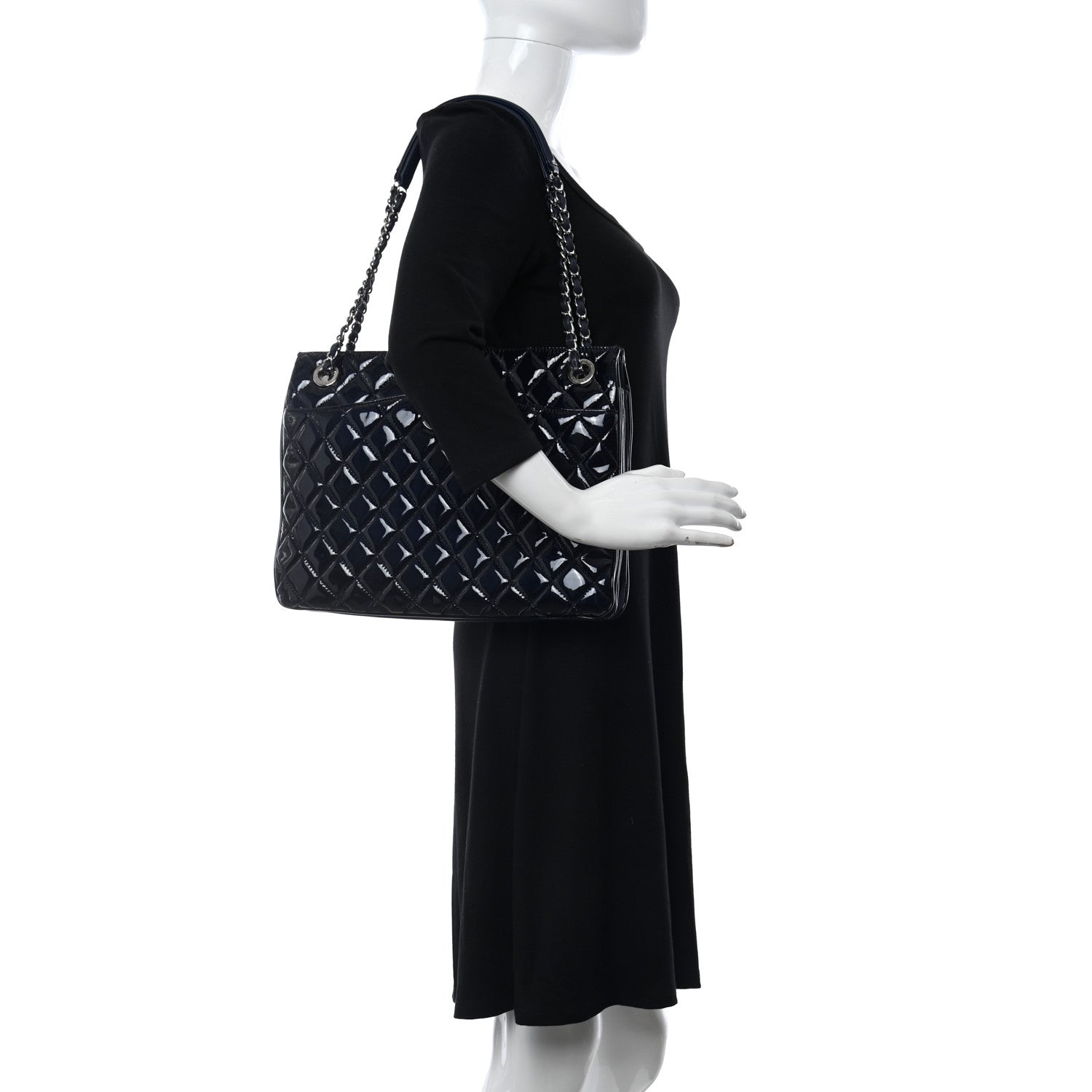 Chanel Patent Quilted Accordion Shopping Tote Navy 2 of 11