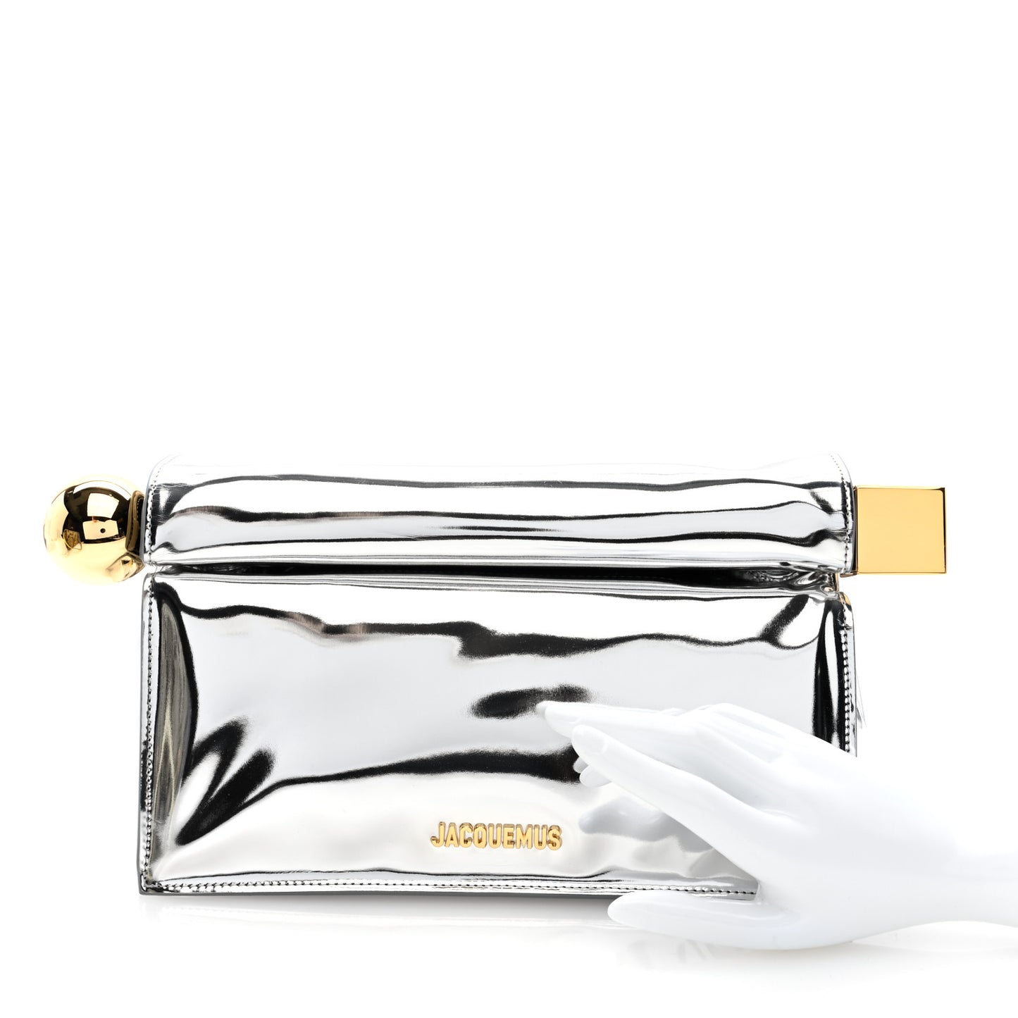 Metallic Patent Calfskin La Pochette Rond Carre Silver