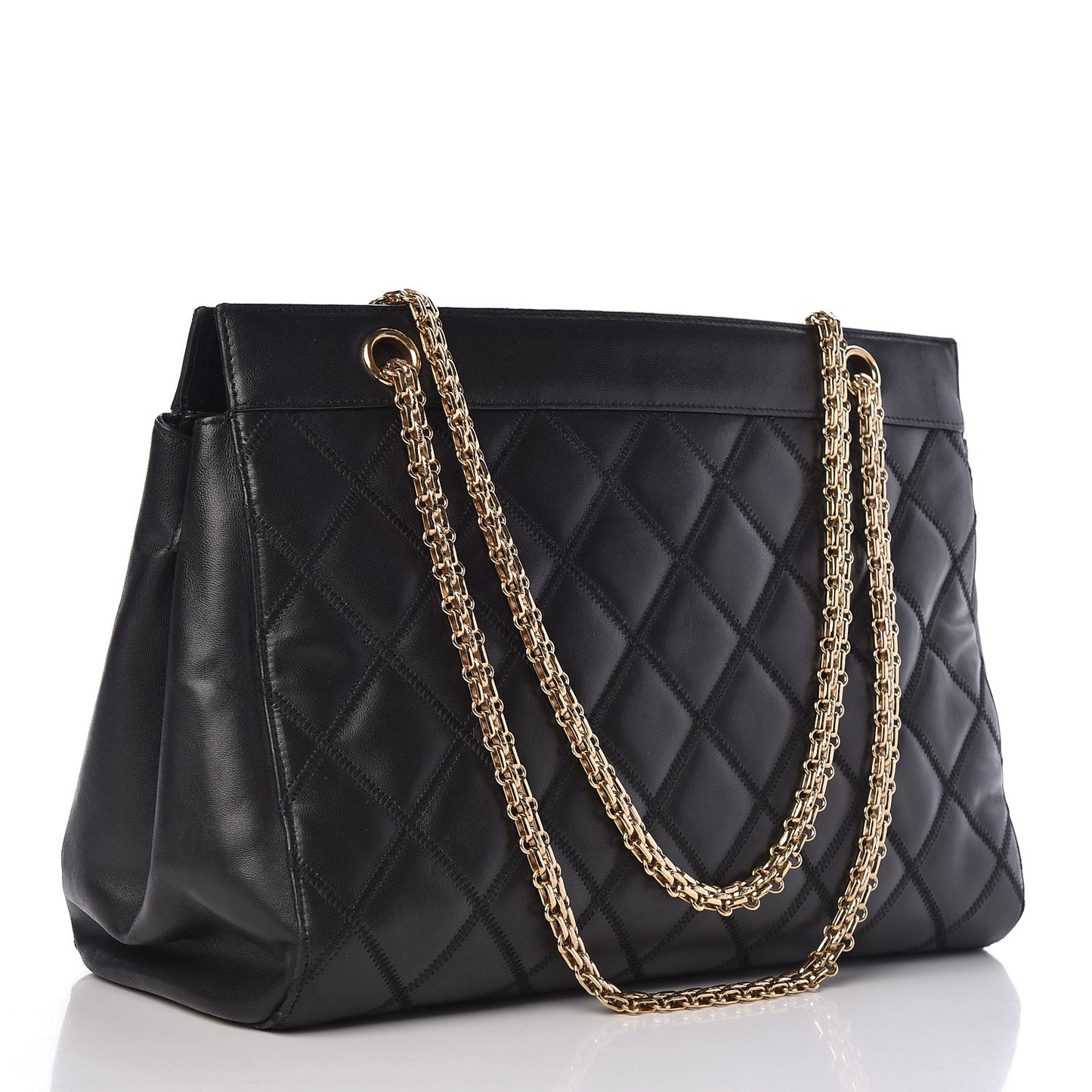 Lambskin Double Stitch Quilted Tote Black
